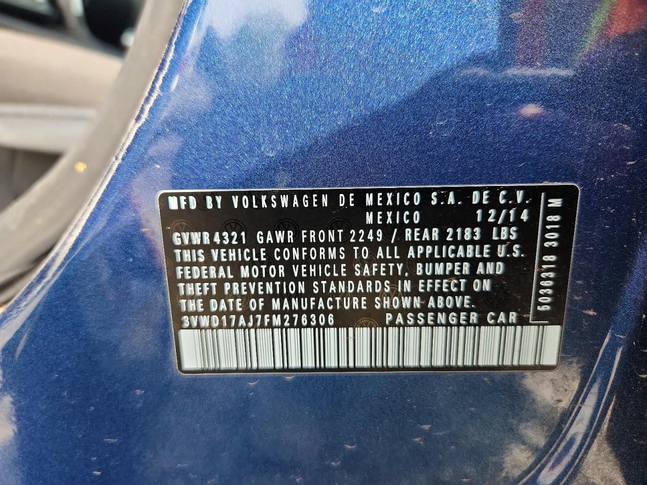2015 Volkswagen Jetta Se Blue vin: 3VWD17AJ7FM276306
