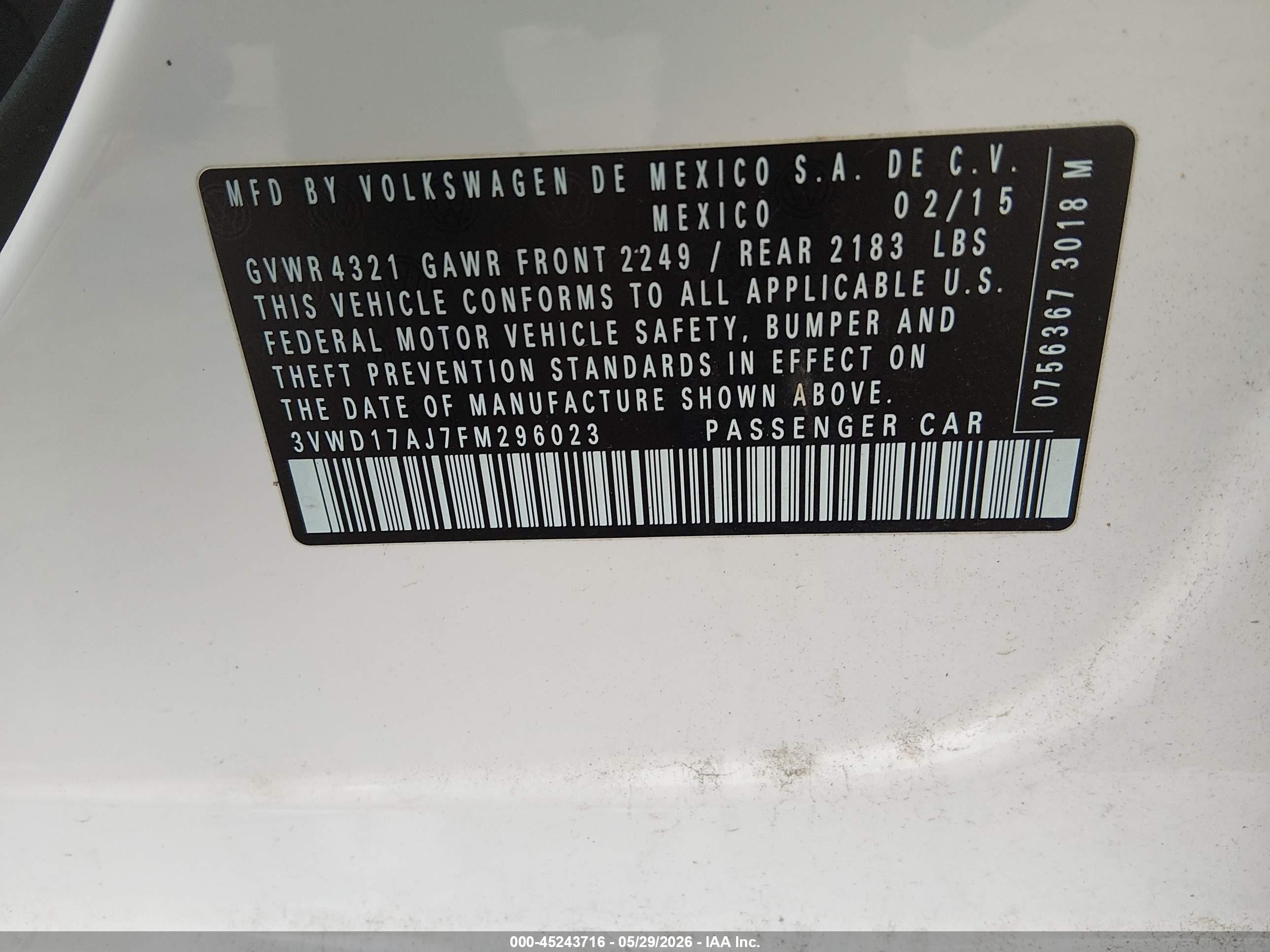 2015 Volkswagen Jetta 1.8t Se White vin: 3VWD17AJ7FM296023