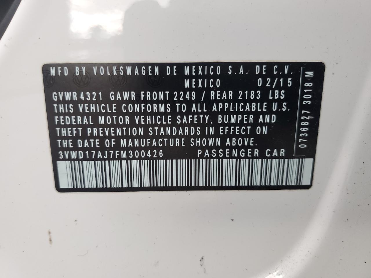 2015 Volkswagen Jetta Se White vin: 3VWD17AJ7FM300426