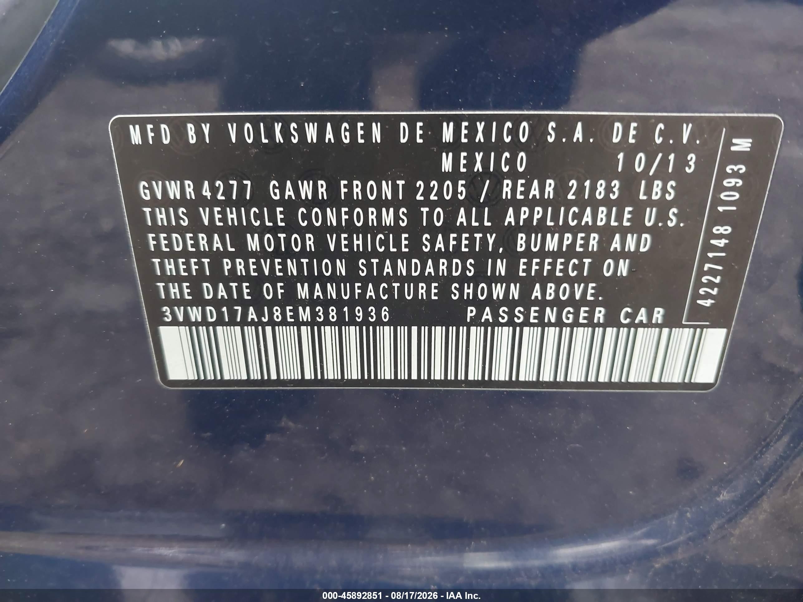 2014 Volkswagen Jetta 1.8t Se Синий vin: 3VWD17AJ8EM381936