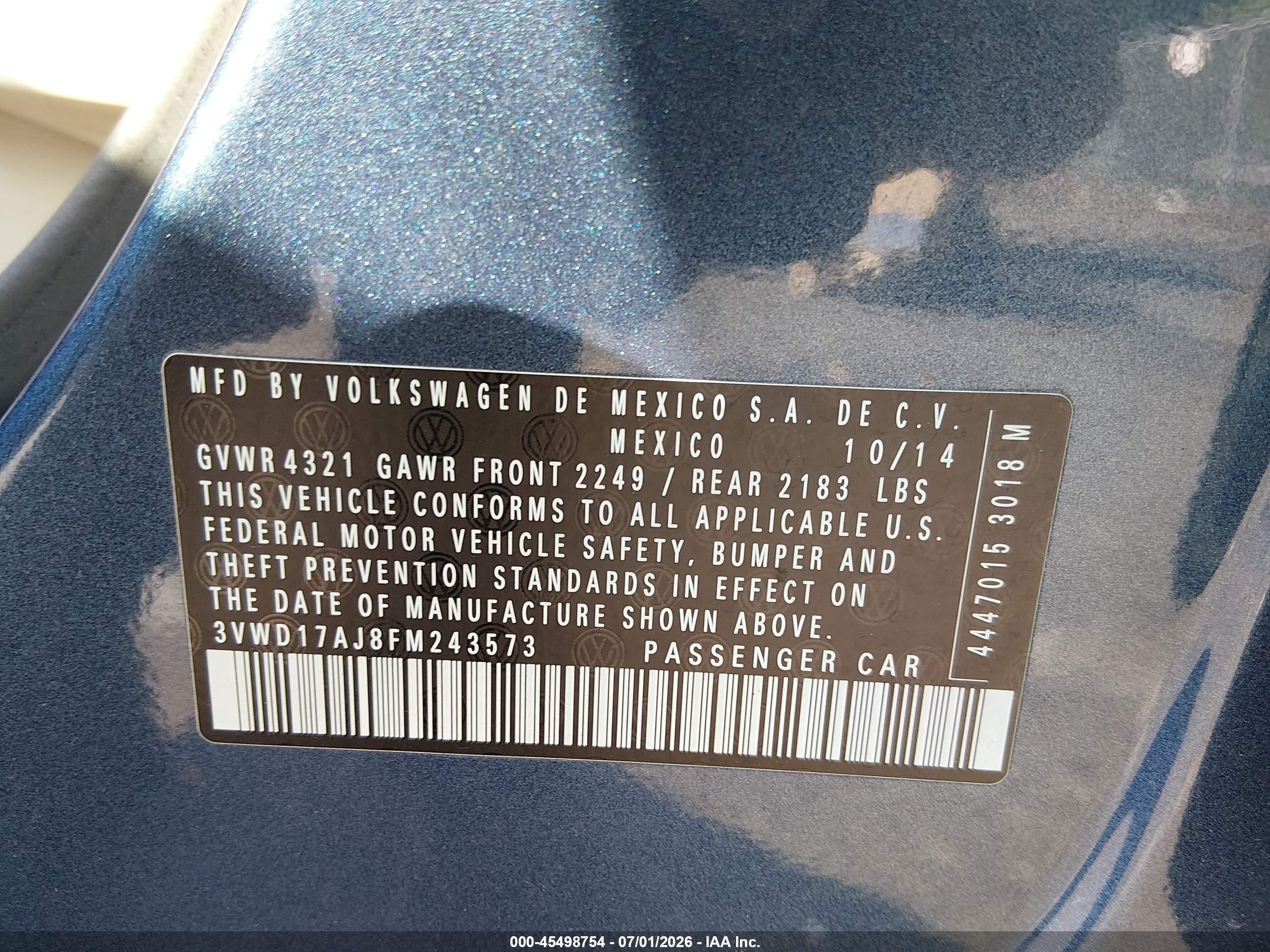 2015 Volkswagen Jetta 1.8t Se Blue vin: 3VWD17AJ8FM243573