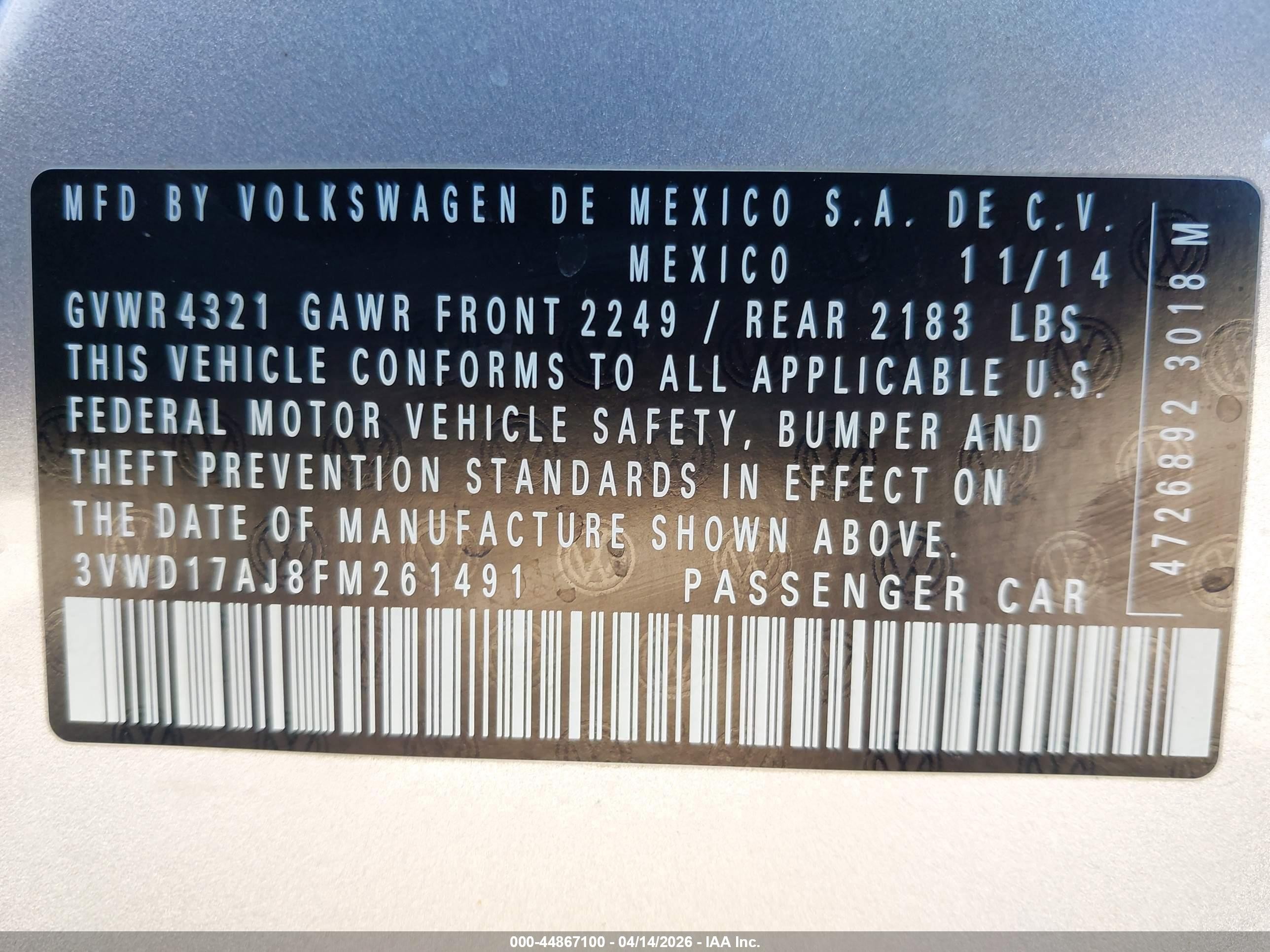 2015 Volkswagen Jetta 1.8t Se Silver vin: 3VWD17AJ8FM261491
