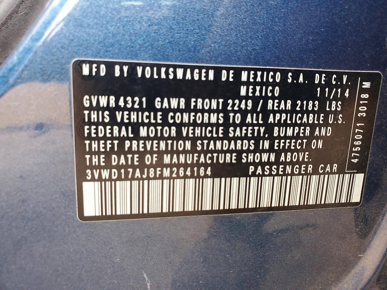 2015 Volkswagen Jetta Se Blue vin: 3VWD17AJ8FM264164