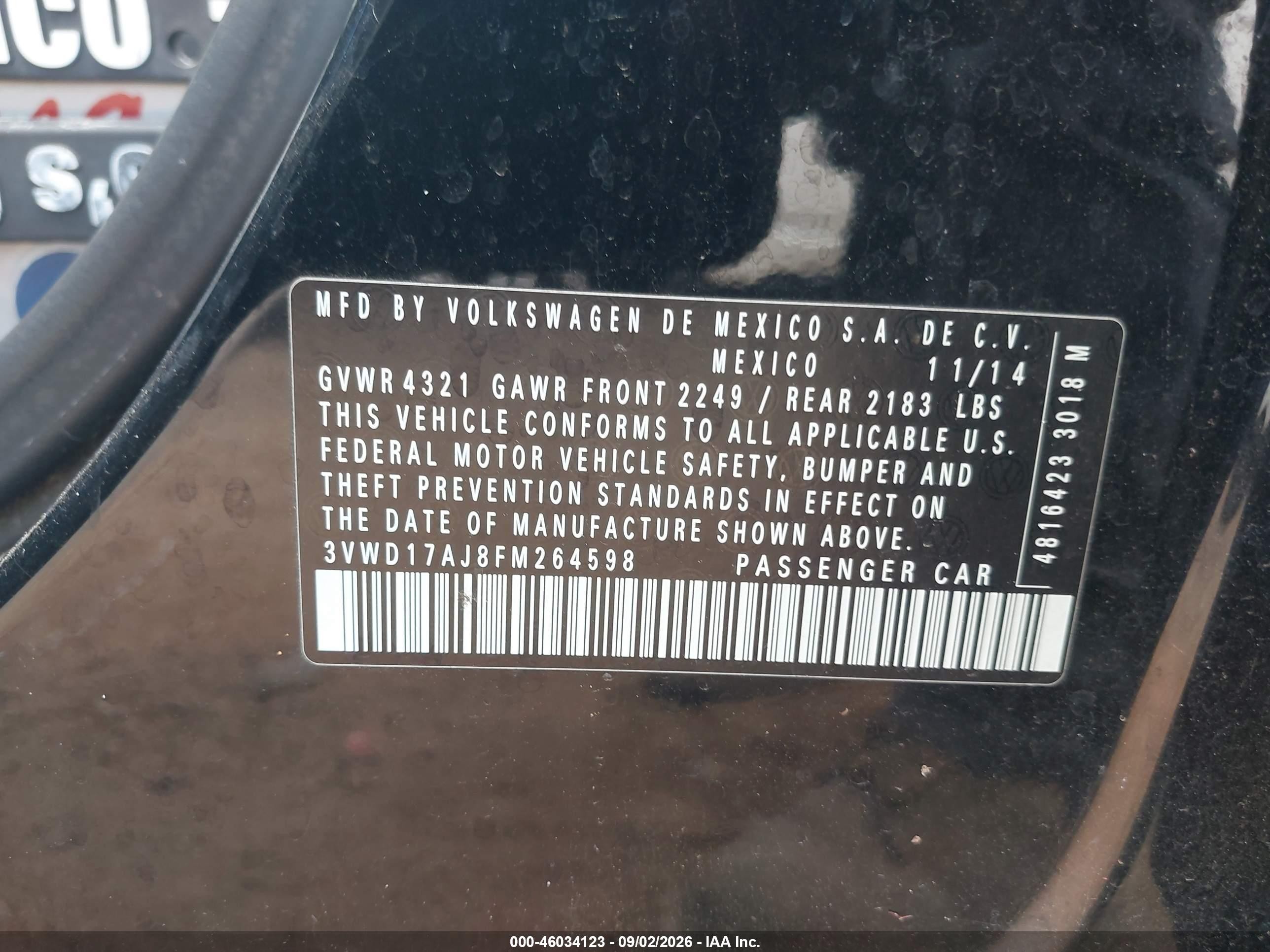 2015 Volkswagen Jetta 1.8t Se Black vin: 3VWD17AJ8FM264598