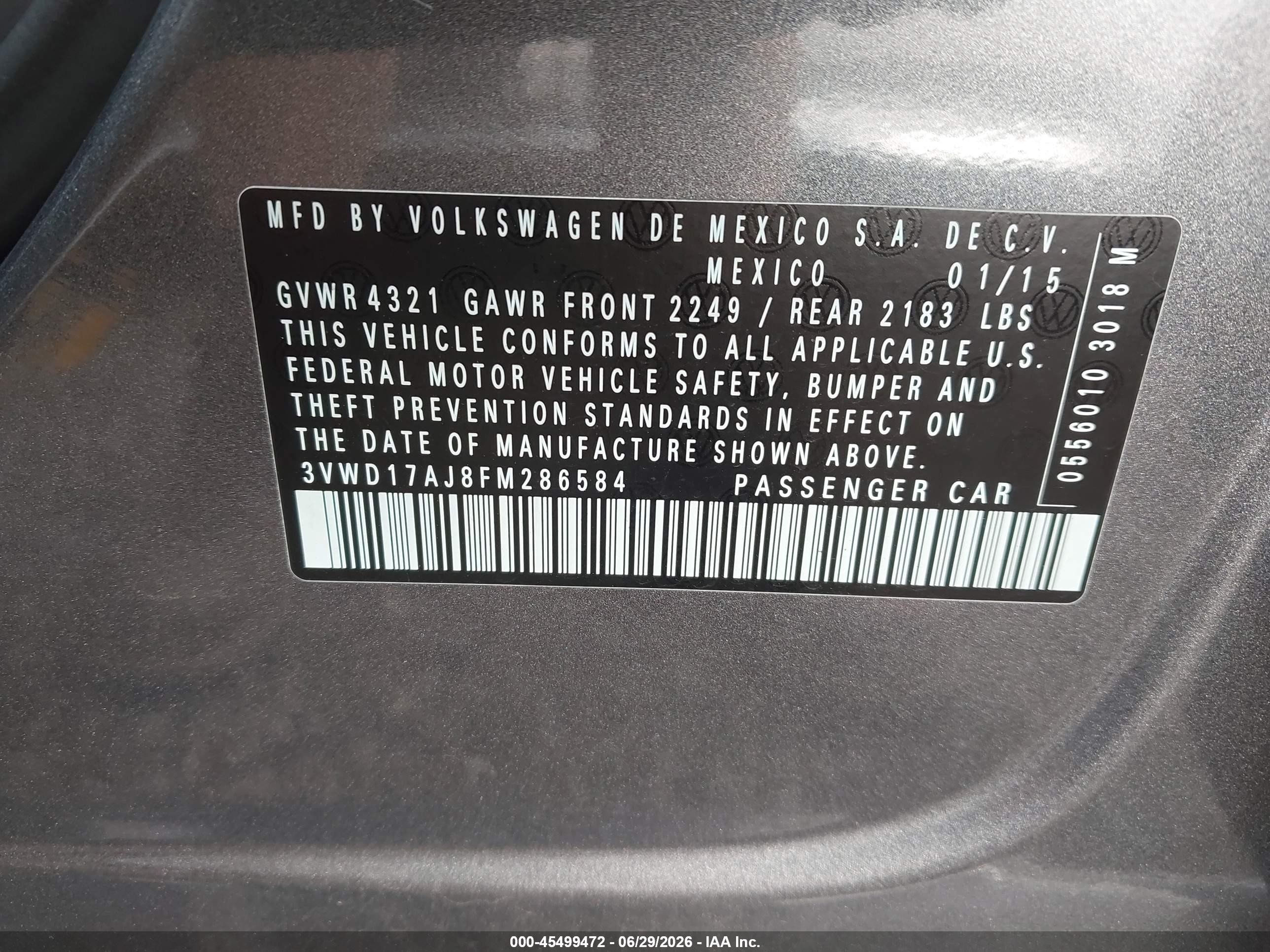 2015 Volkswagen Jetta 1.8t Se Gray vin: 3VWD17AJ8FM286584