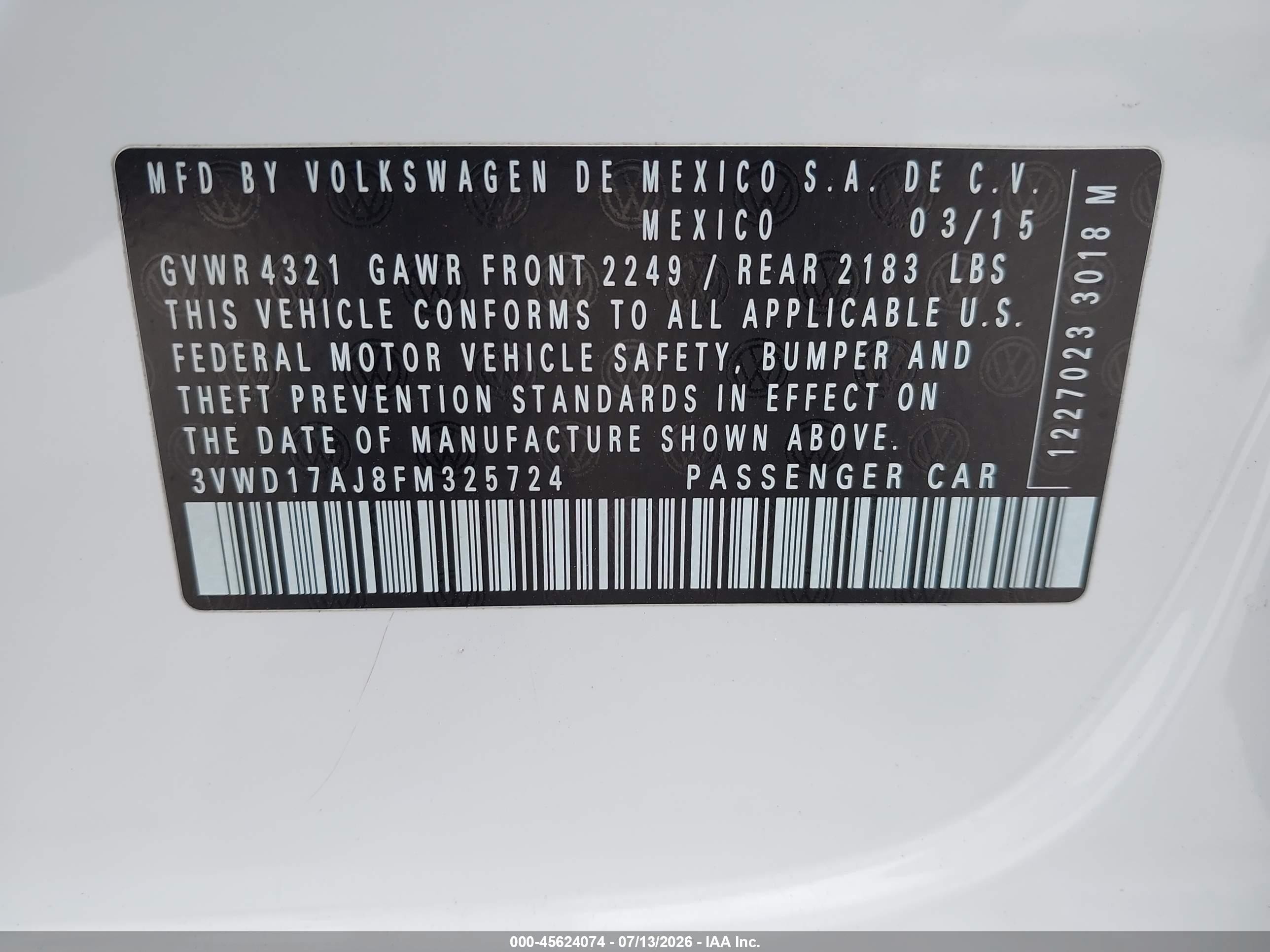 2015 Volkswagen Jetta 1.8t Sport Белый vin: 3VWD17AJ8FM325724