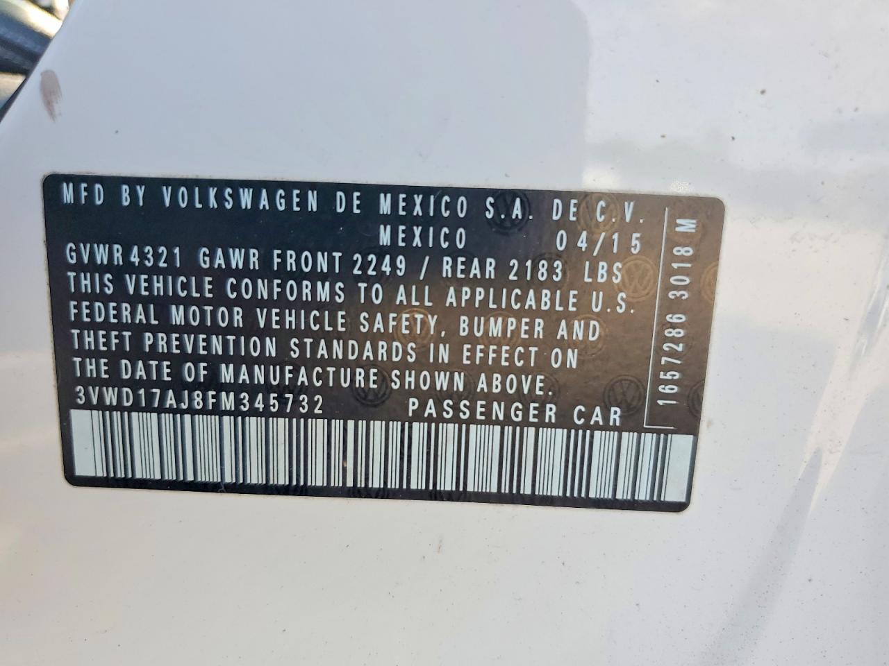 2015 Volkswagen Jetta Se White vin: 3VWD17AJ8FM345732