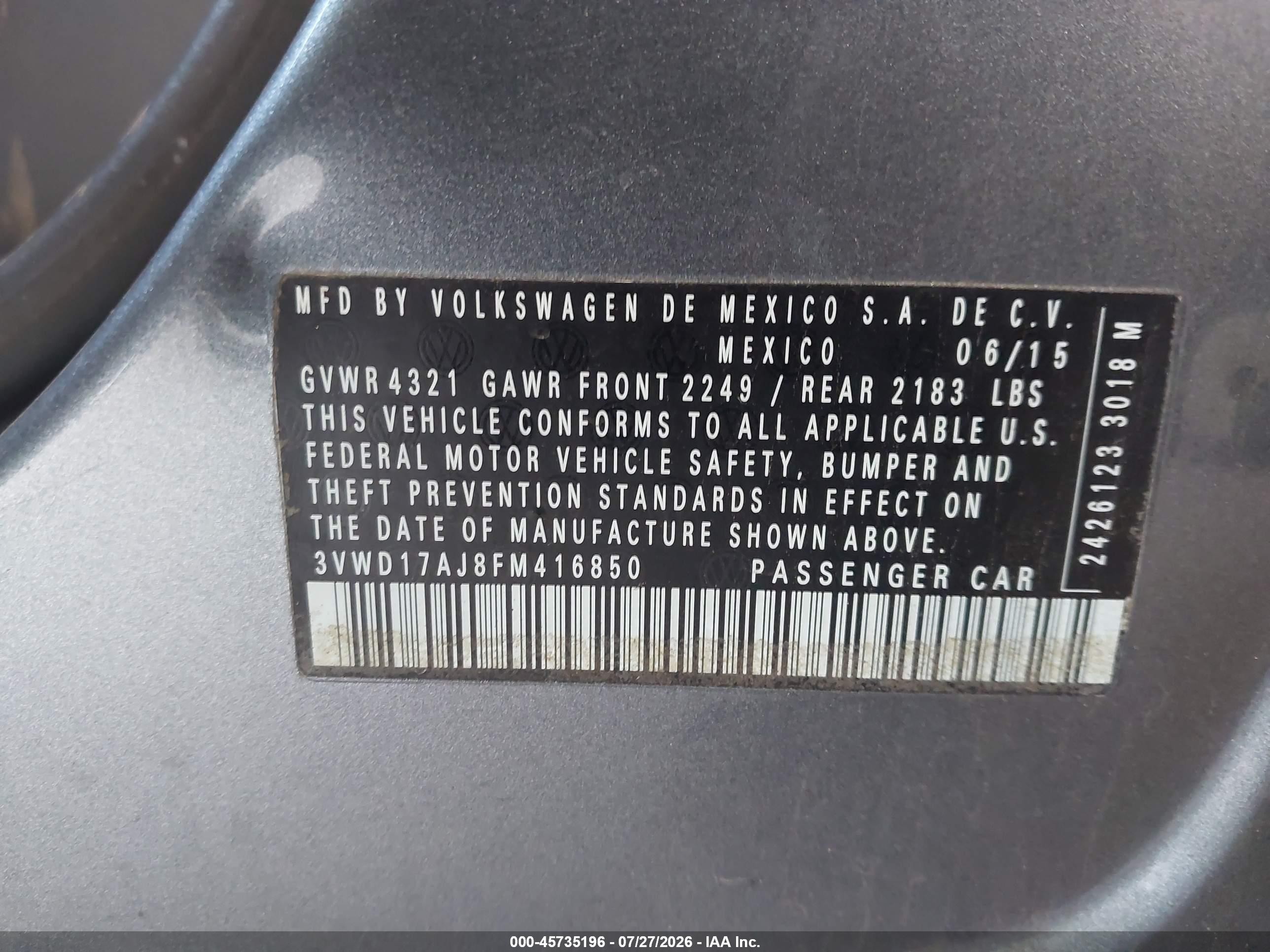 2015 Volkswagen Jetta 1.8t Sport Silver vin: 3VWD17AJ8FM416850