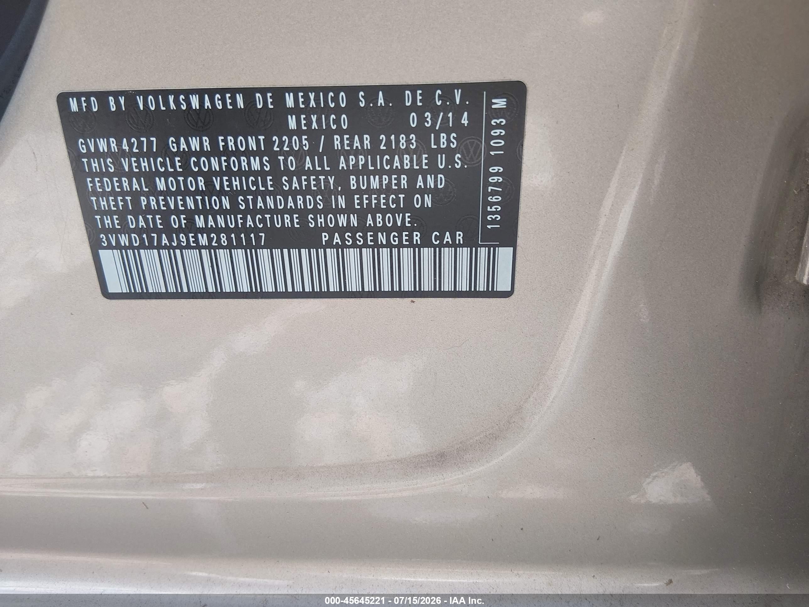 2014 Volkswagen Jetta Se Gold vin: 3VWD17AJ9EM281117