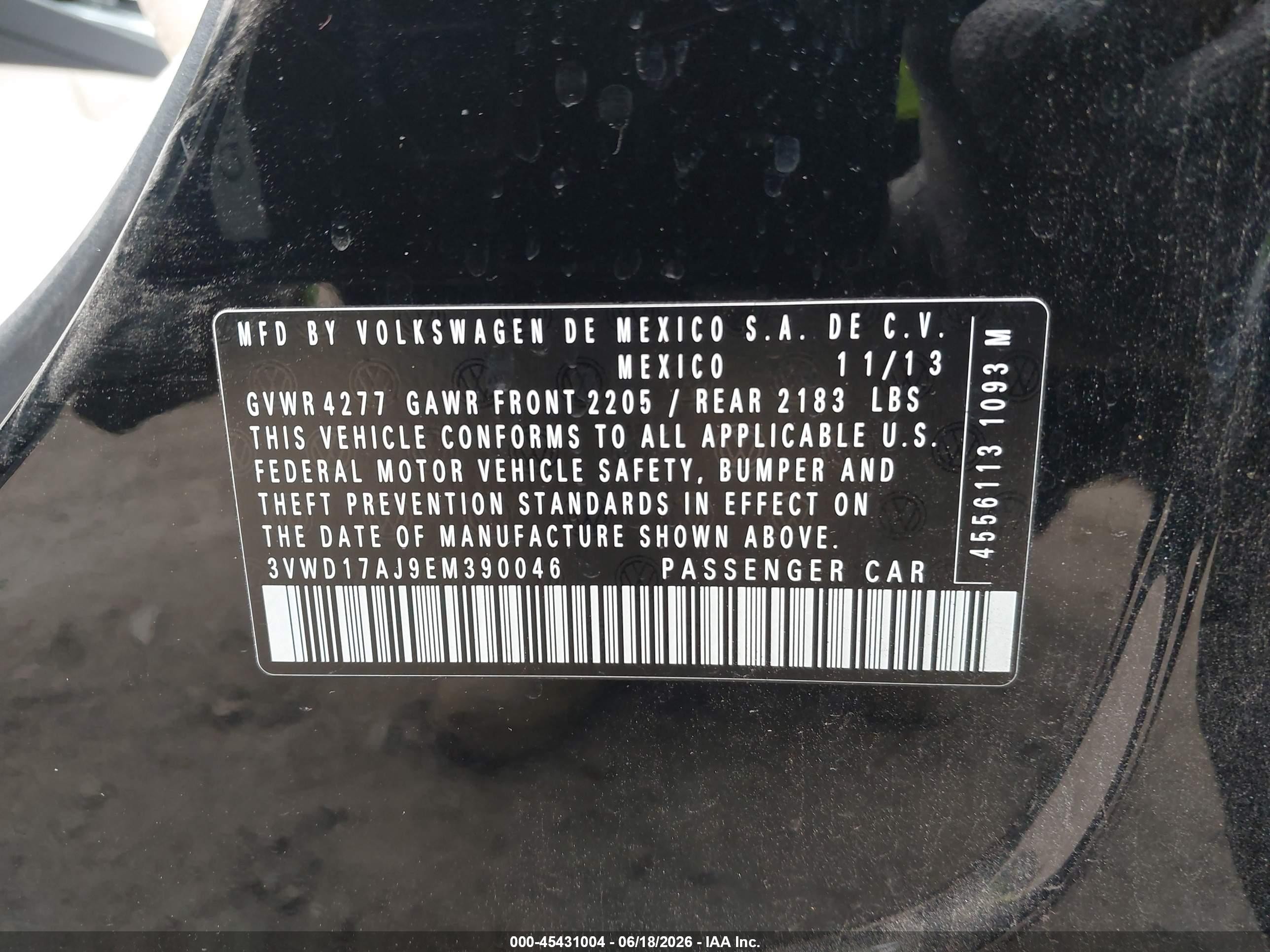 2014 Volkswagen Jetta 1.8t Se Black vin: 3VWD17AJ9EM390046