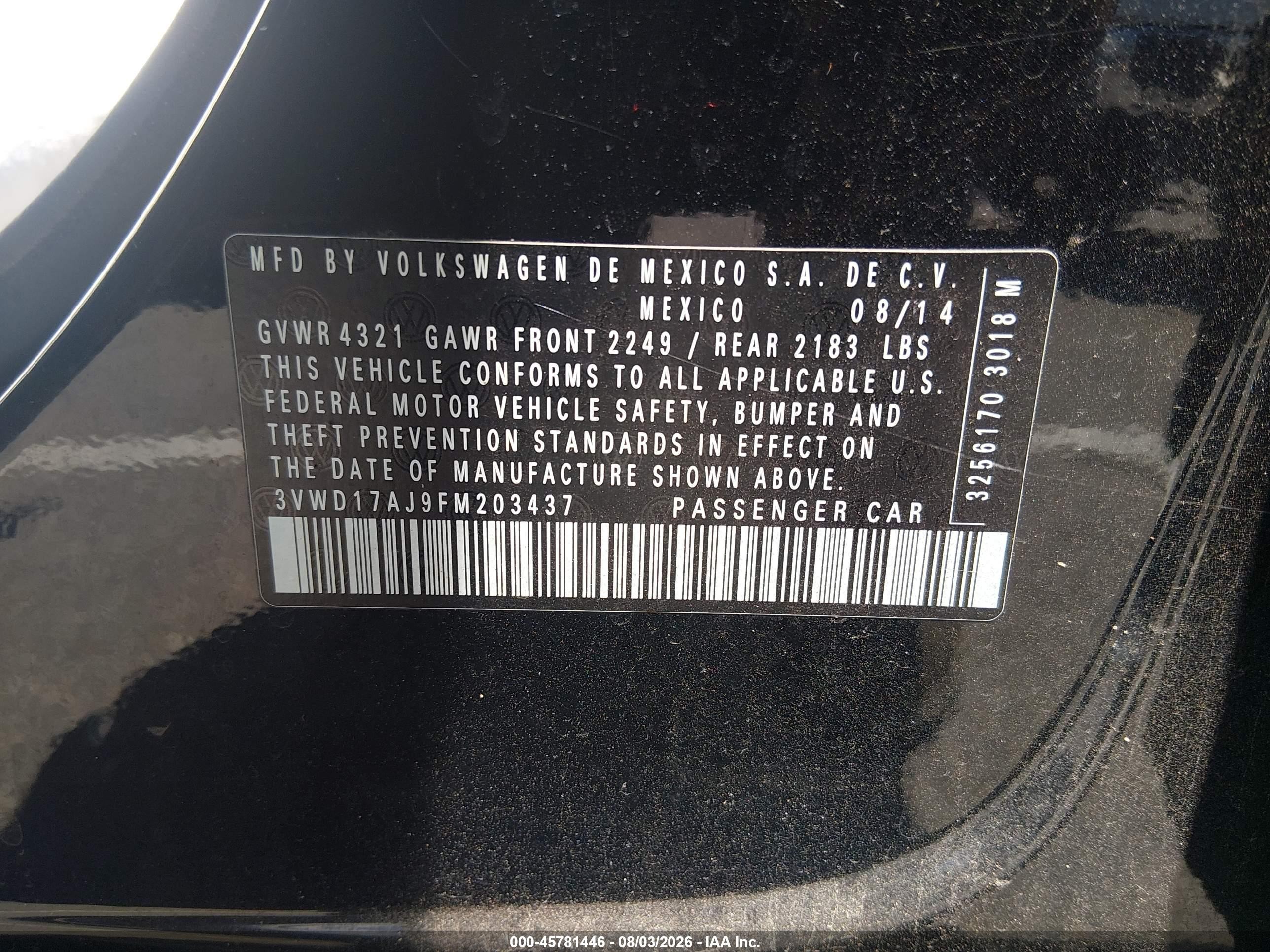 2015 Volkswagen Jetta 1.8t Sport Черный vin: 3VWD17AJ9FM203437