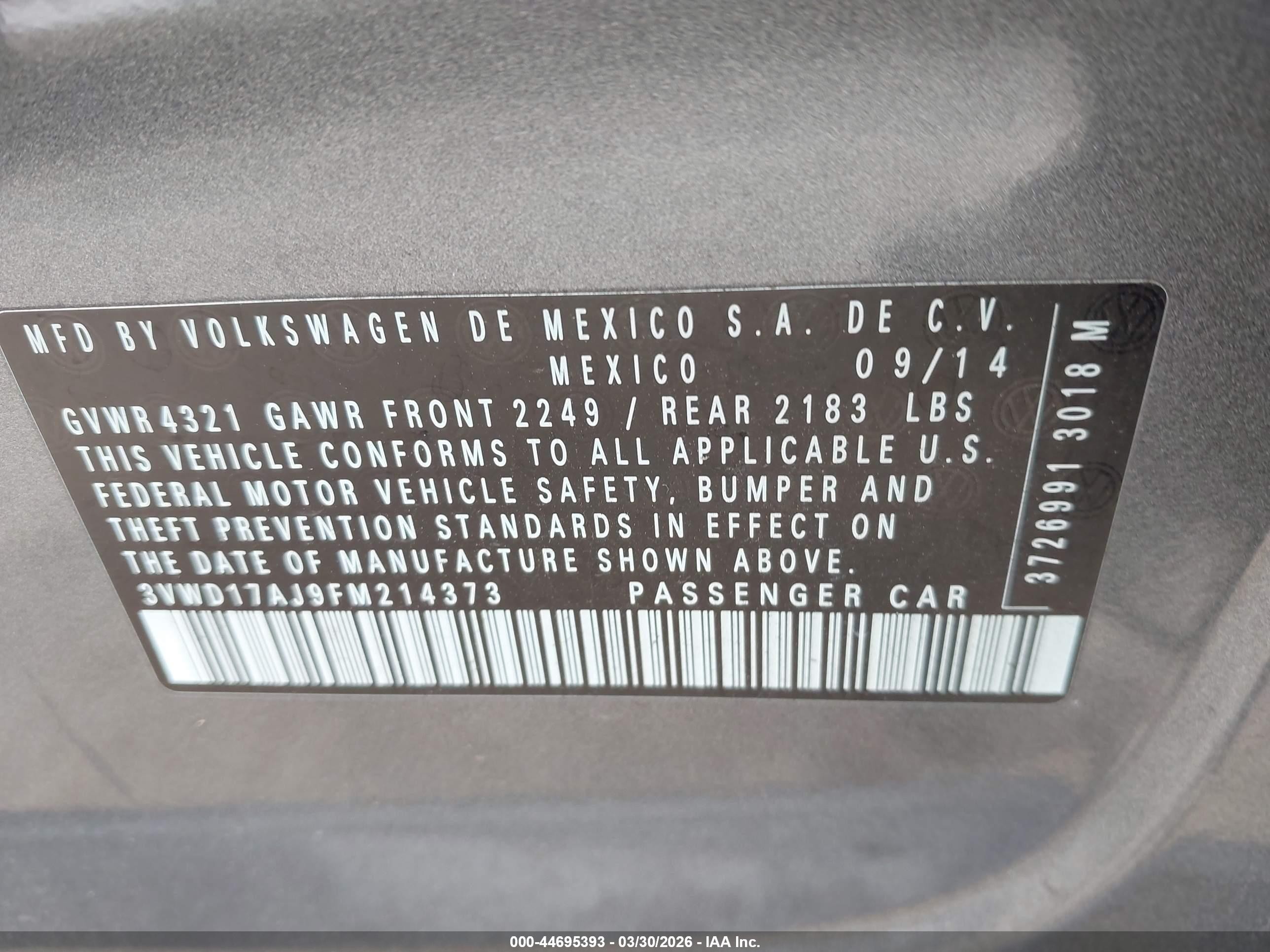 2015 Volkswagen Jetta 1.8t Se Gray vin: 3VWD17AJ9FM214373