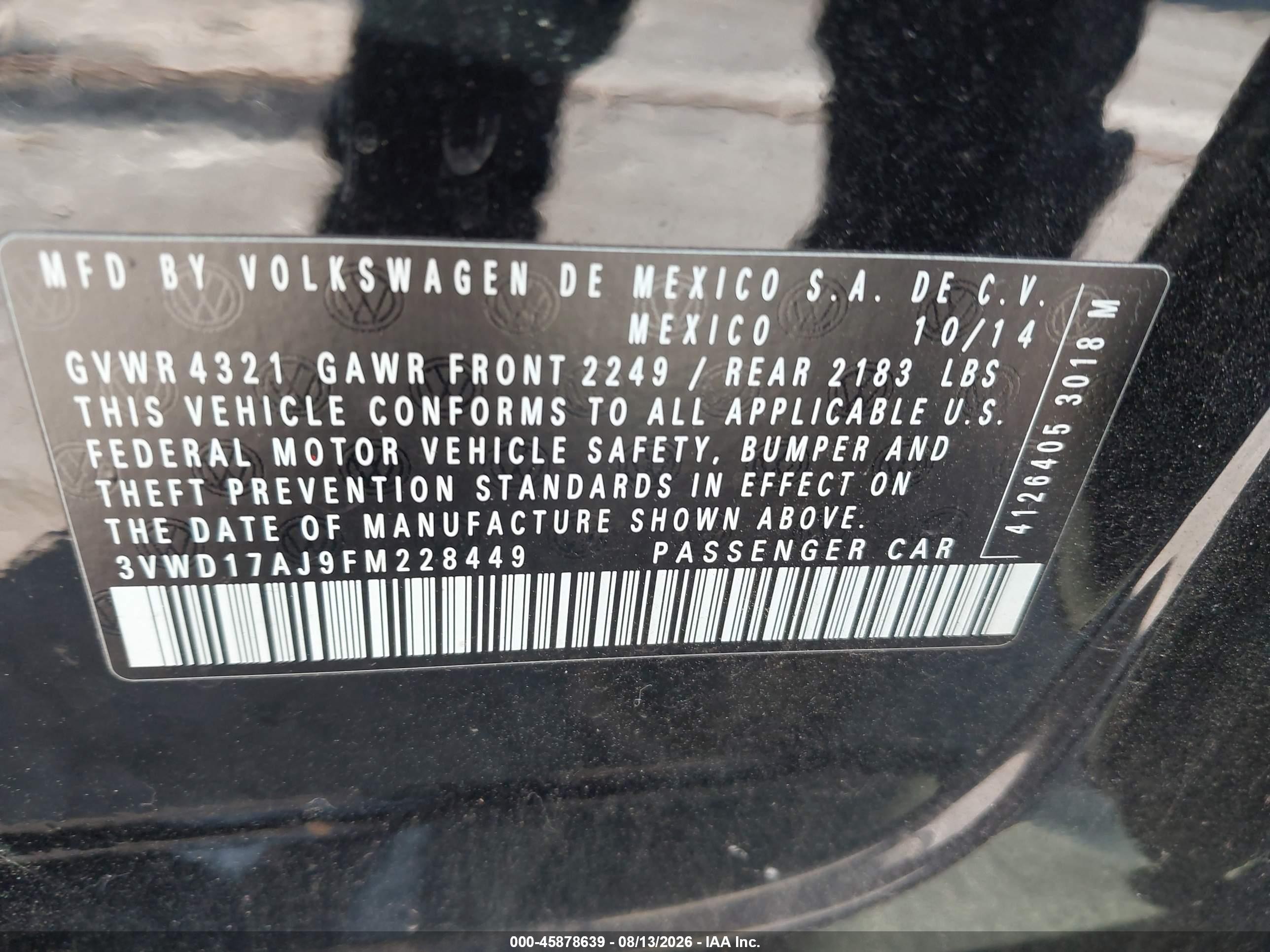 2015 Volkswagen Jetta 1.8t Se Black vin: 3VWD17AJ9FM228449