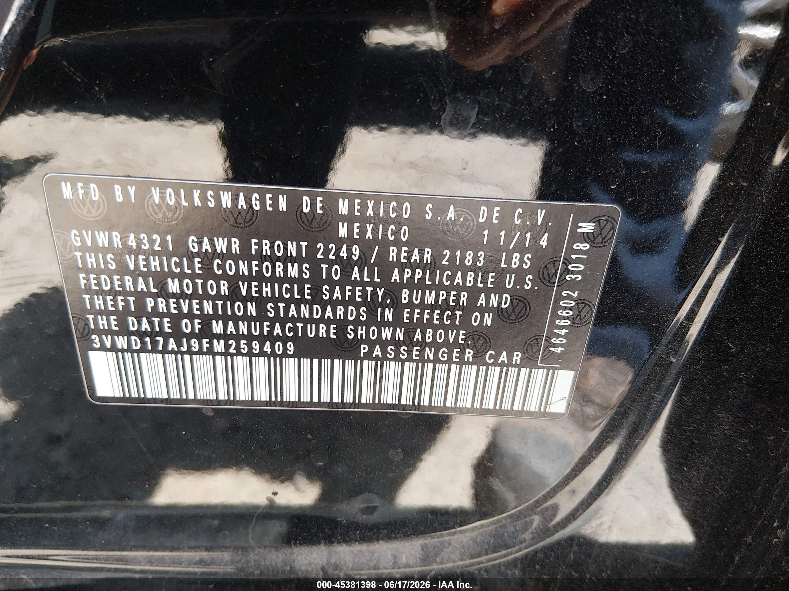 2015 Volkswagen Jetta 1.8t Se Black vin: 3VWD17AJ9FM259409