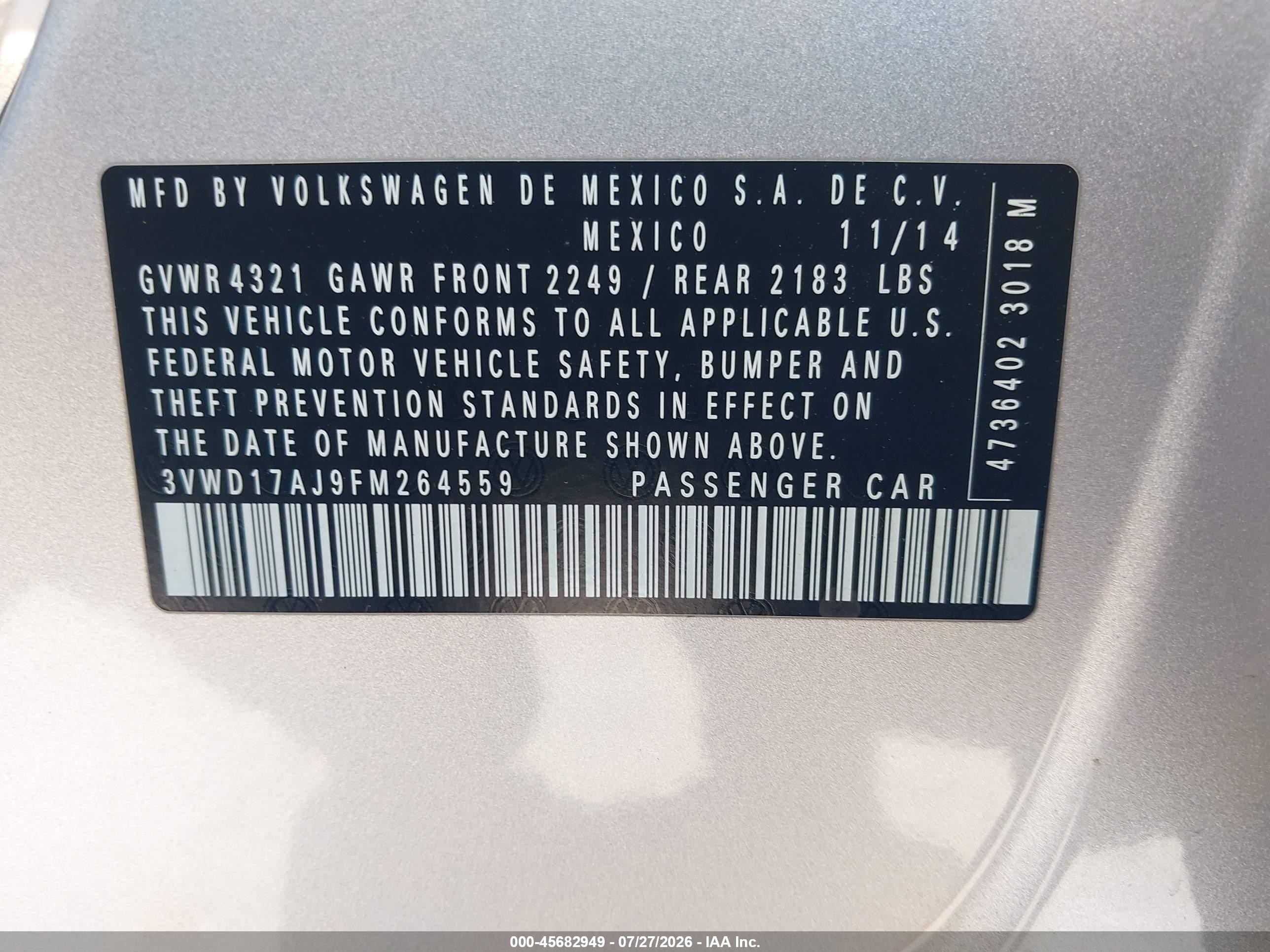 2015 Volkswagen Jetta 1.8t Se Silver vin: 3VWD17AJ9FM264559