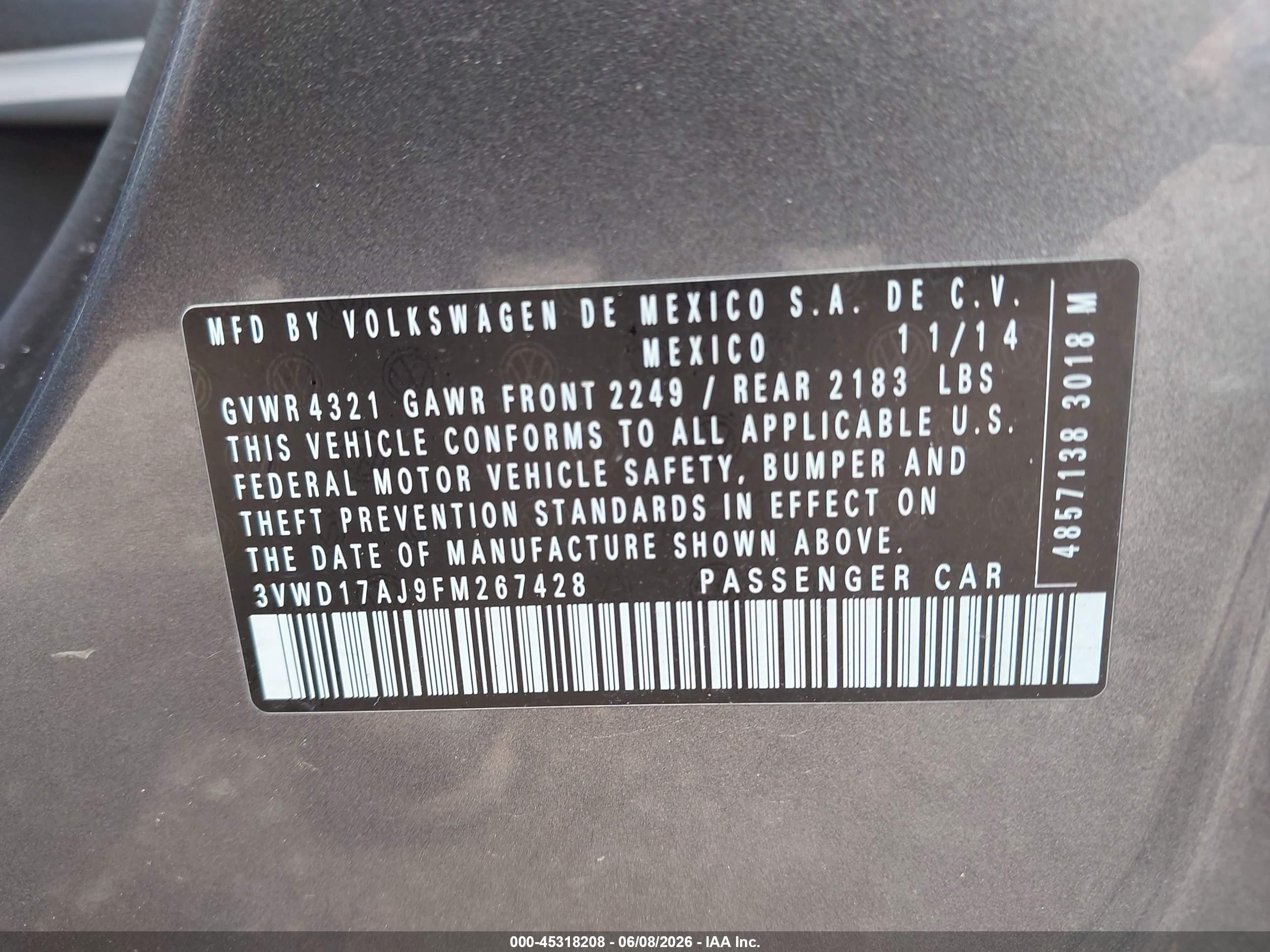 2015 Volkswagen Jetta 1.8t Se Gray vin: 3VWD17AJ9FM267428