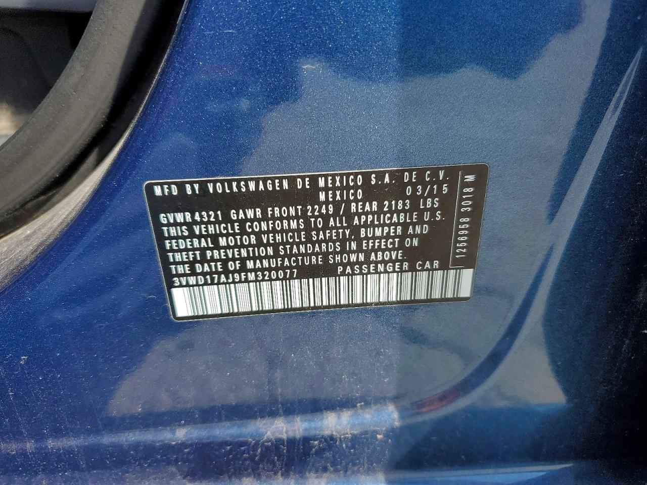 2015 Volkswagen Jetta Se Blue vin: 3VWD17AJ9FM320077