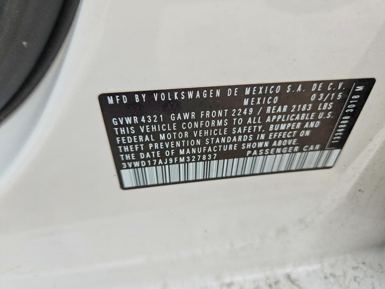 2015 Volkswagen Jetta Se White vin: 3VWD17AJ9FM327837