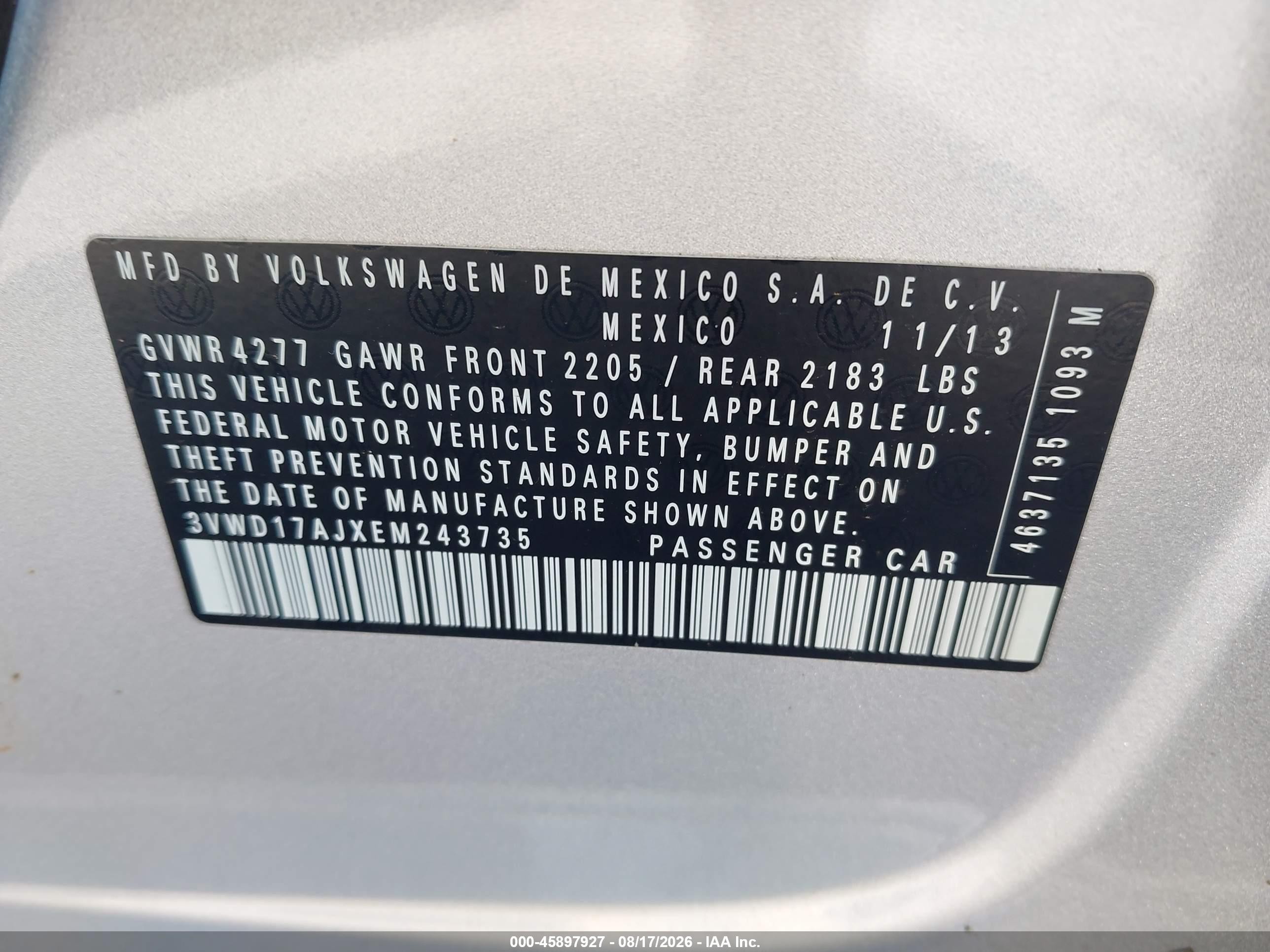 2014 Volkswagen Jetta 1.8t Se Серебряный vin: 3VWD17AJXEM243735