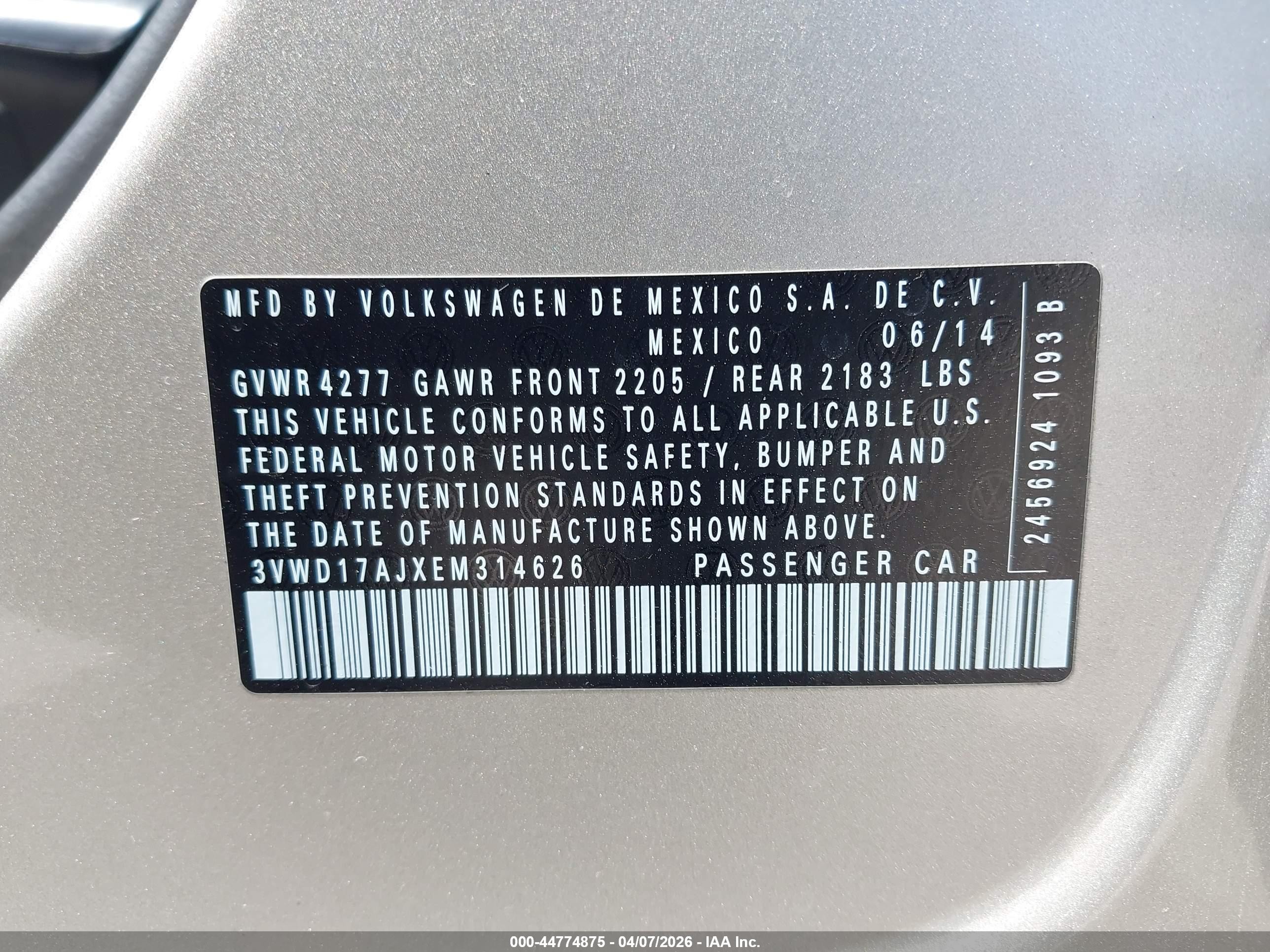 2014 Volkswagen Jetta 1.8t Se Gold vin: 3VWD17AJXEM314626