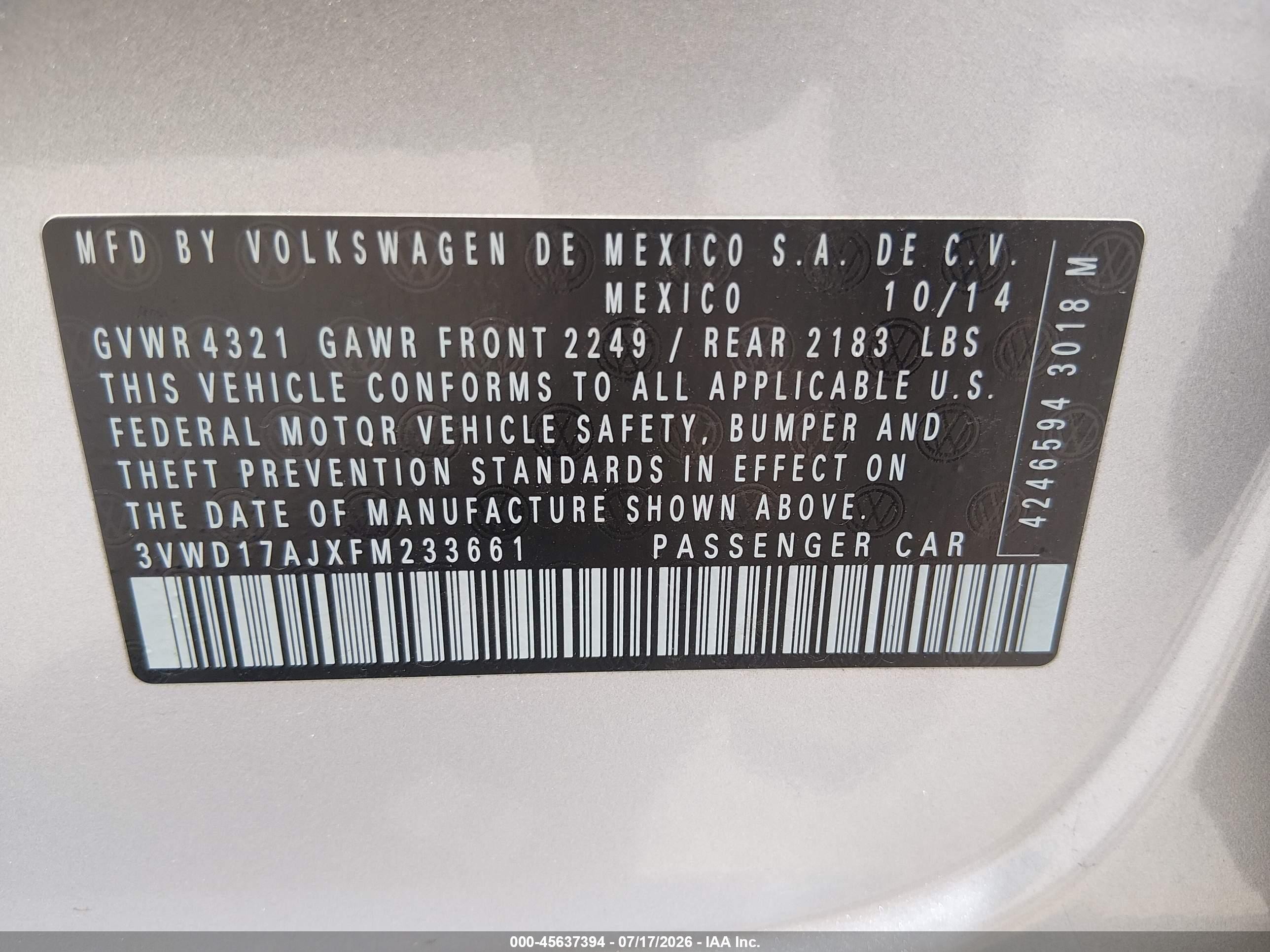 2015 Volkswagen Jetta 1.8t Se Silver vin: 3VWD17AJXFM233661