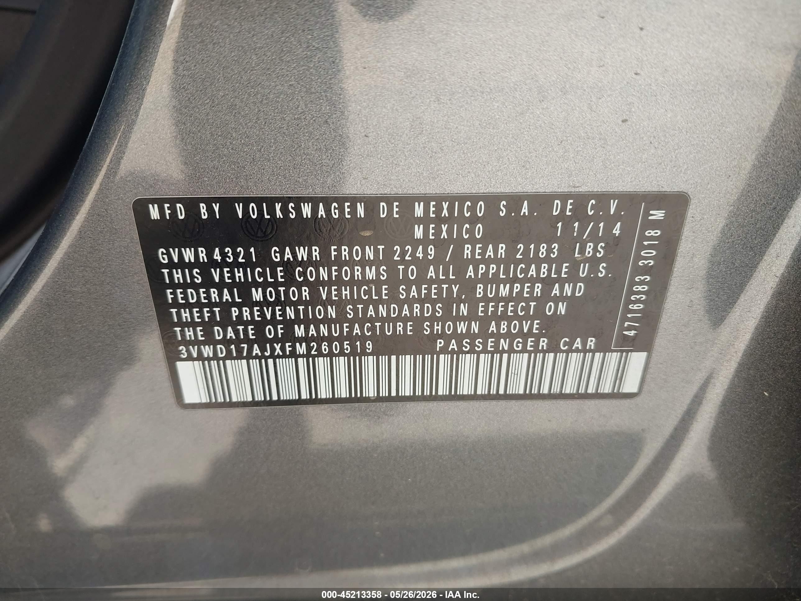 2015 Volkswagen Jetta 1.8t Se Gray vin: 3VWD17AJXFM260519