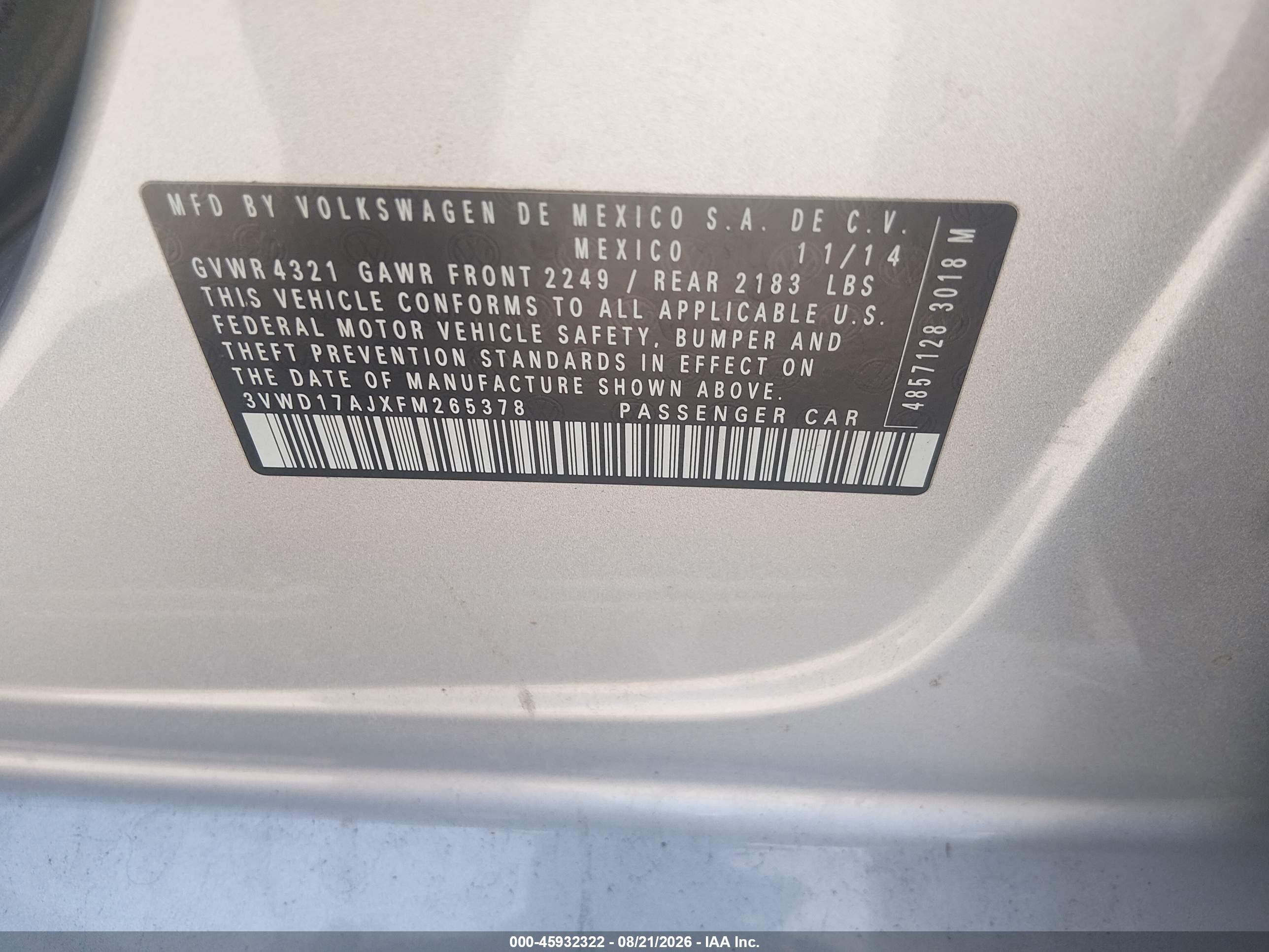 2015 Volkswagen Jetta 1.8t Se Silver vin: 3VWD17AJXFM265378