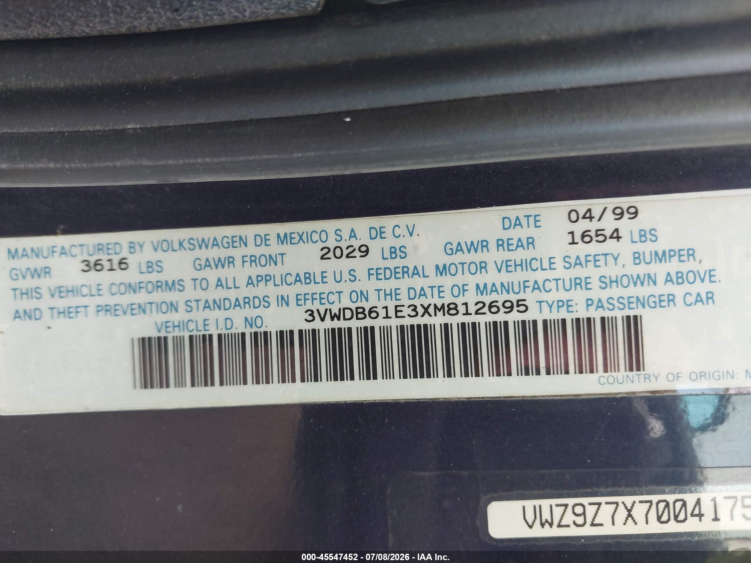 1999 Volkswagen Cabrio Gls Dark Blue vin: 3VWDB61E3XM812695
