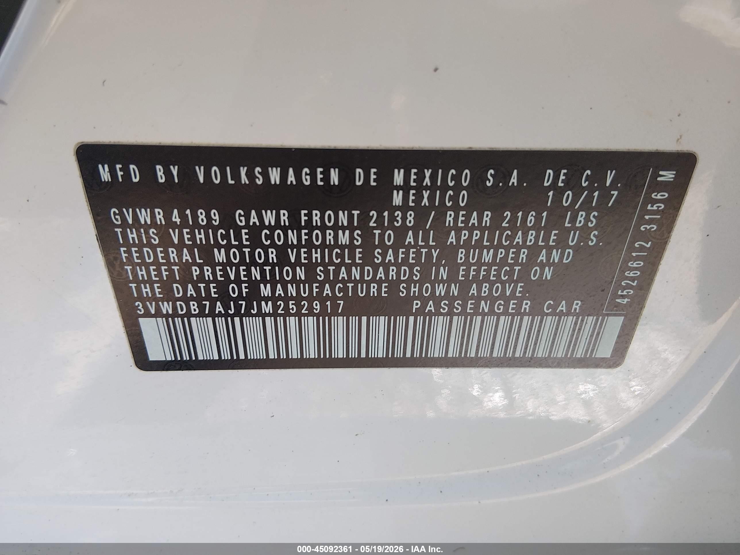 2018 Volkswagen Jetta 1.4t Se/1.4t Wolfsburg Edition White vin: 3VWDB7AJ7JM252917