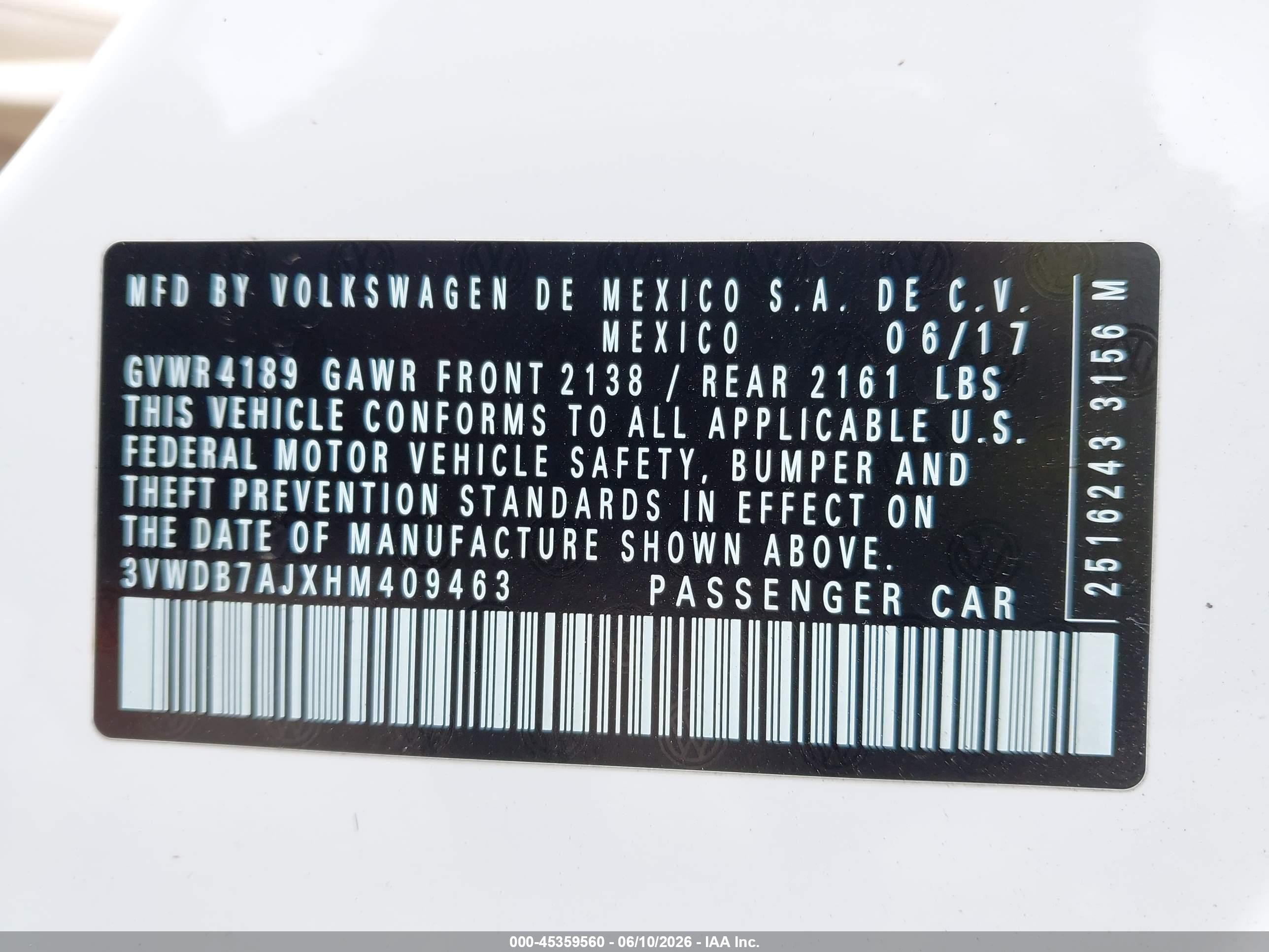 2017 Volkswagen Jetta 1.4t Se White vin: 3VWDB7AJXHM409463