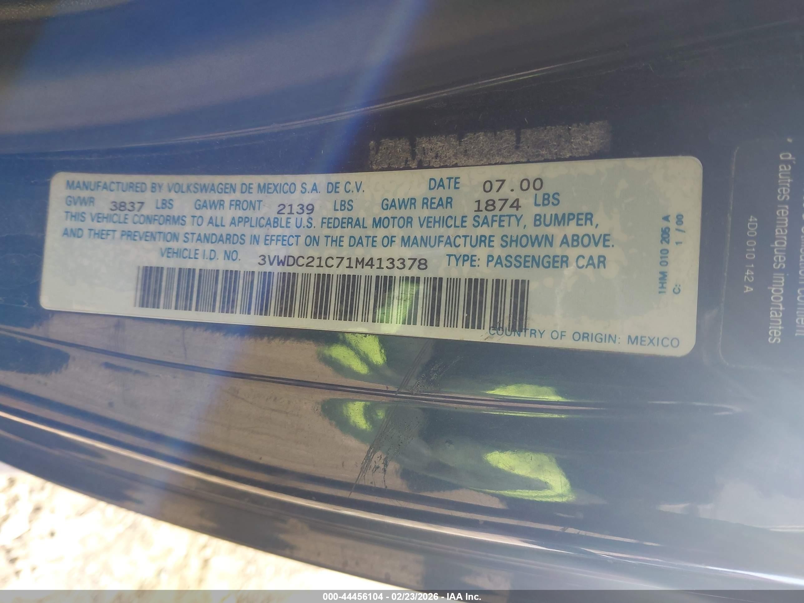 2001 Volkswagen New Beetle Glx Синий vin: 3VWDC21C71M413378