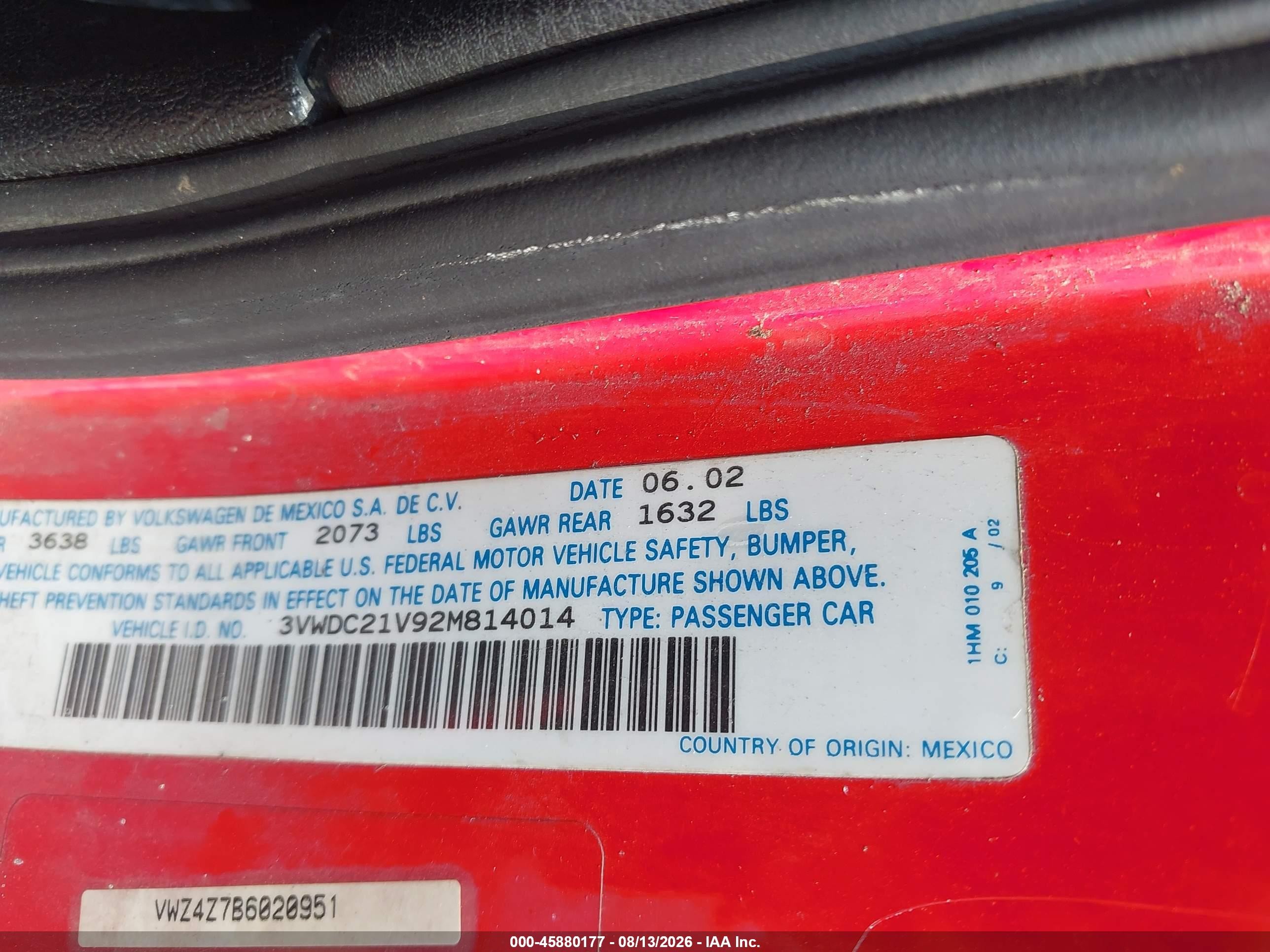 2002 Volkswagen Cabrio Glx Red vin: 3VWDC21V92M814014
