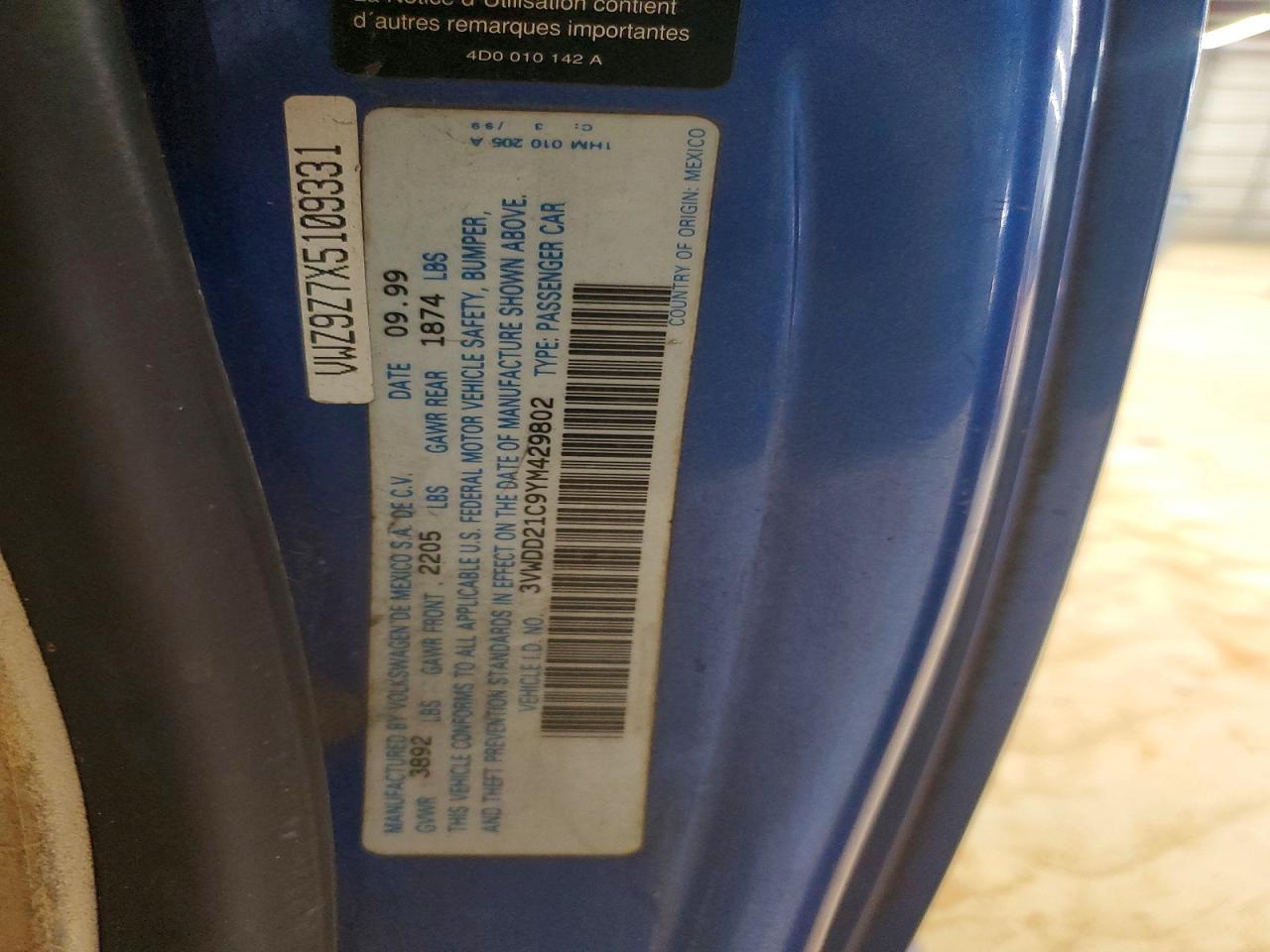 2000 Volkswagen New Beetle Glx Blue vin: 3VWDD21C9YM429802