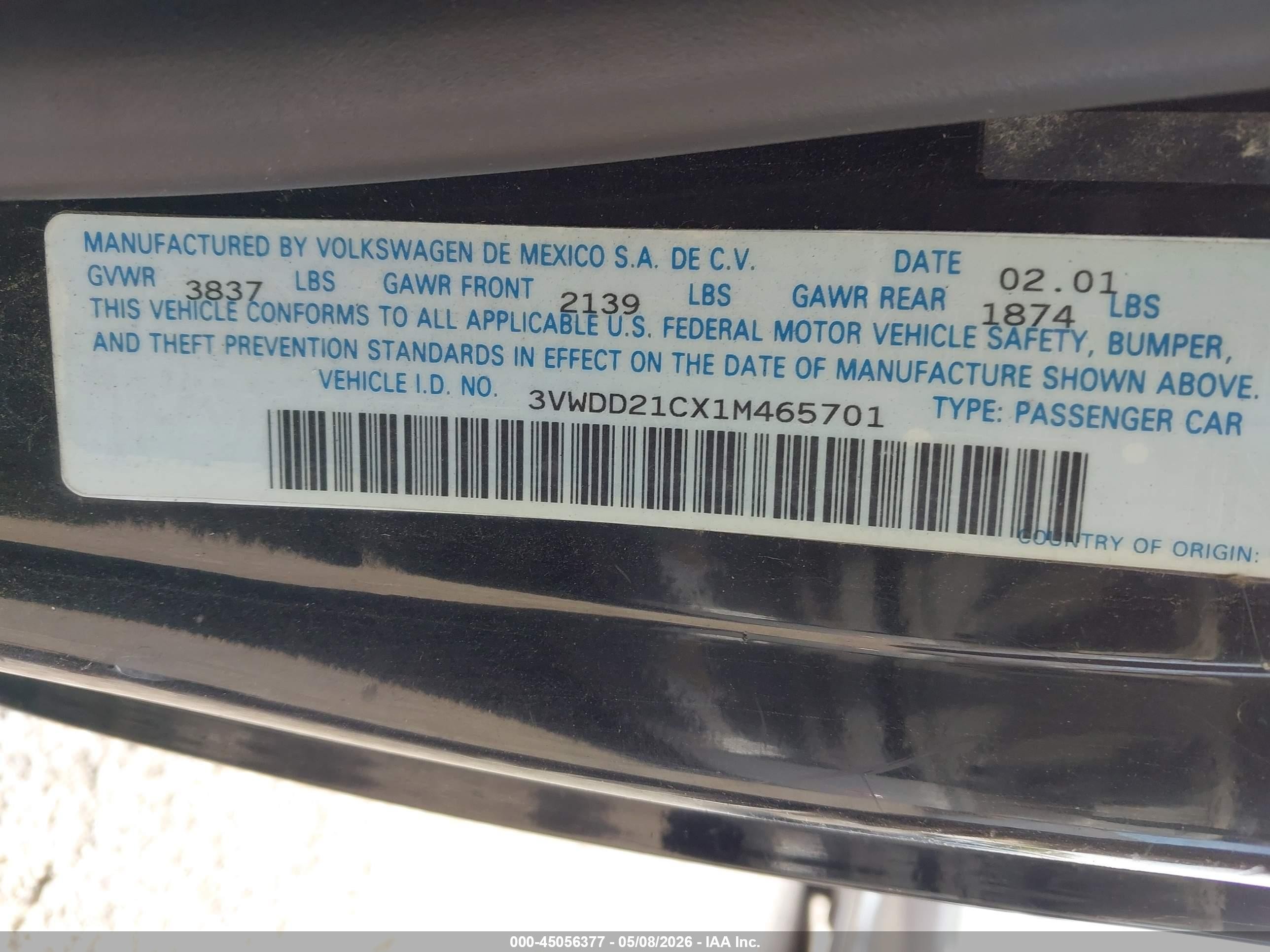 2001 Volkswagen New Beetle Glx Черный vin: 3VWDD21CX1M465701