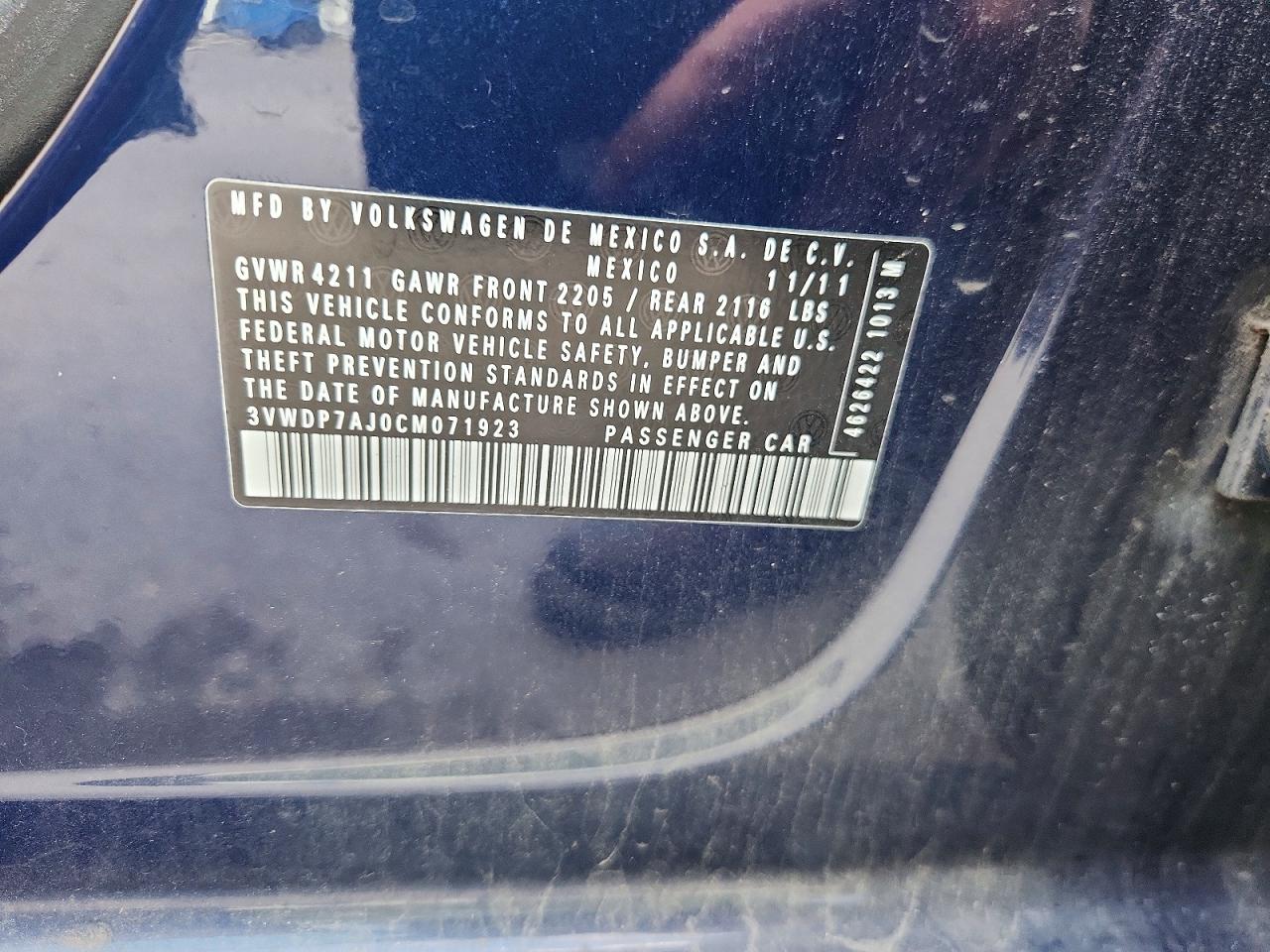2012 Volkswagen Jetta Se Blue vin: 3VWDP7AJ0CM071923
