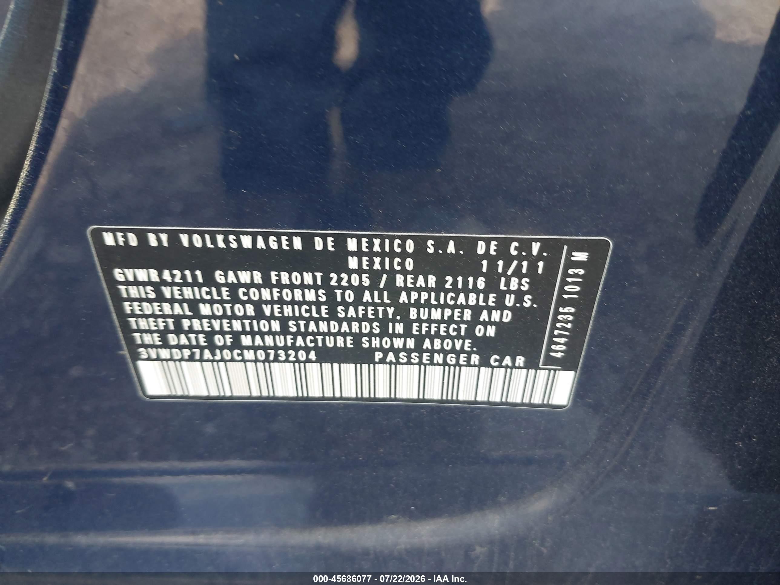 2012 Volkswagen Jetta 2.5l Se Blue vin: 3VWDP7AJ0CM073204