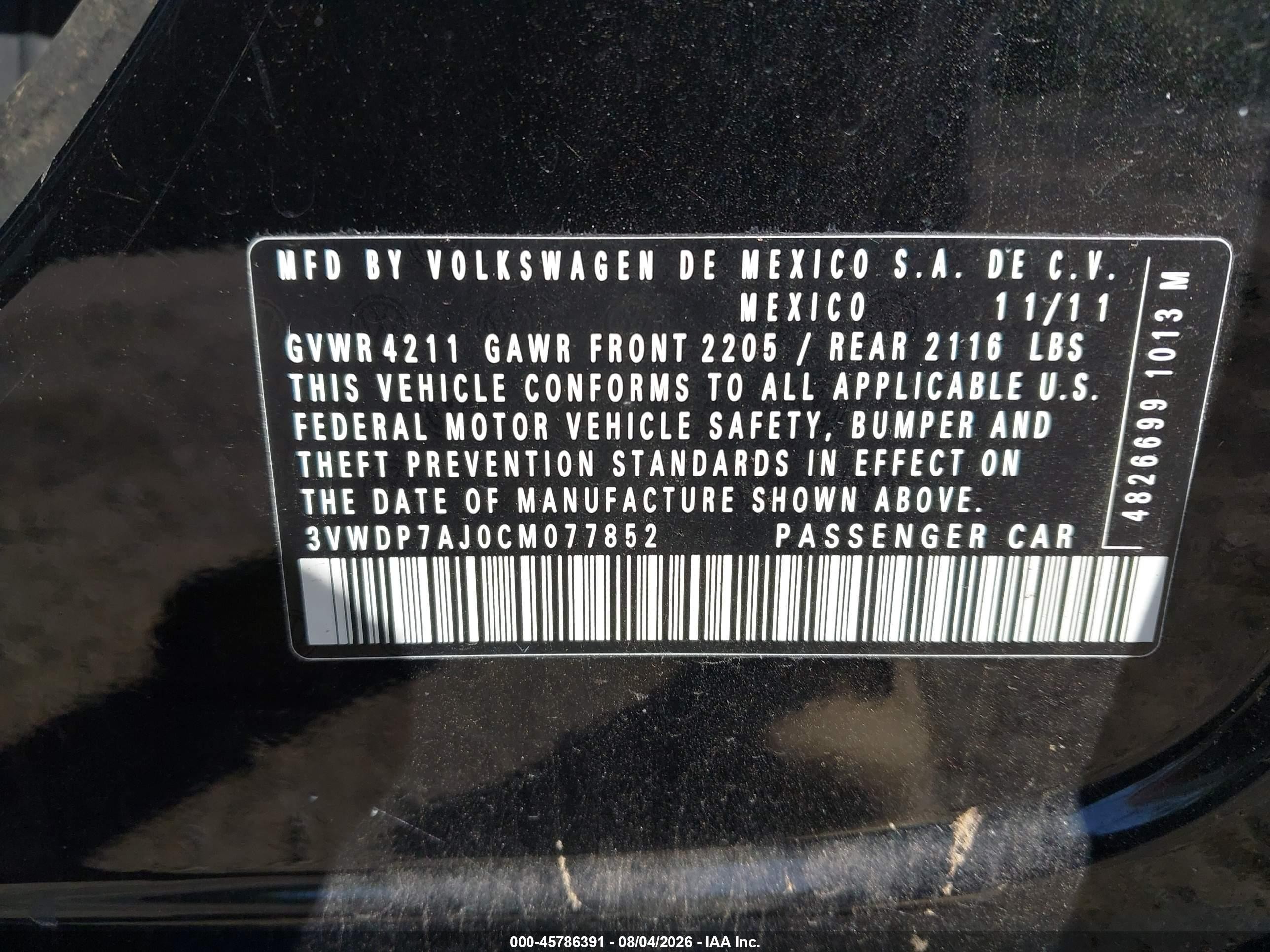 2012 Volkswagen Jetta 2.5l Se Black vin: 3VWDP7AJ0CM077852