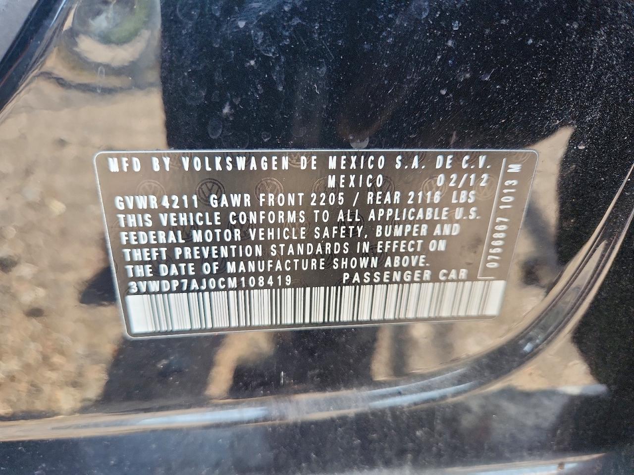 2012 Volkswagen Jetta Se Black vin: 3VWDP7AJ0CM108419