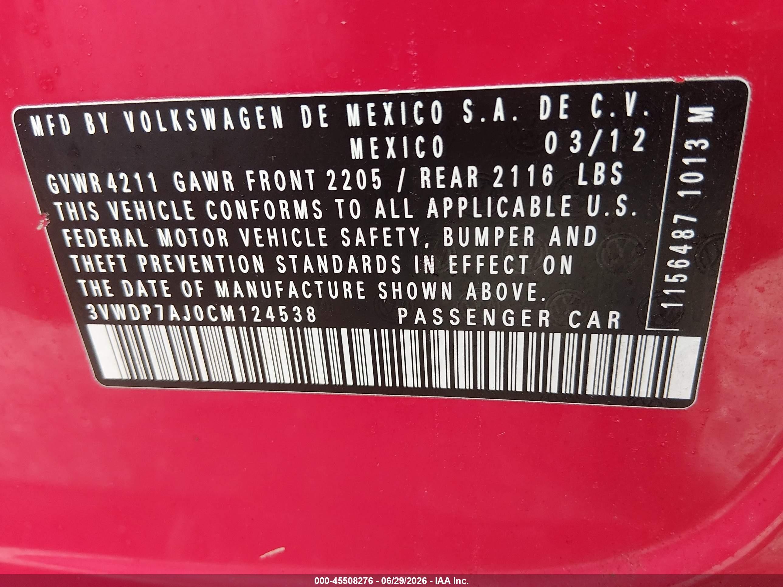 2012 Volkswagen Jetta 2.5l Se Red vin: 3VWDP7AJ0CM124538
