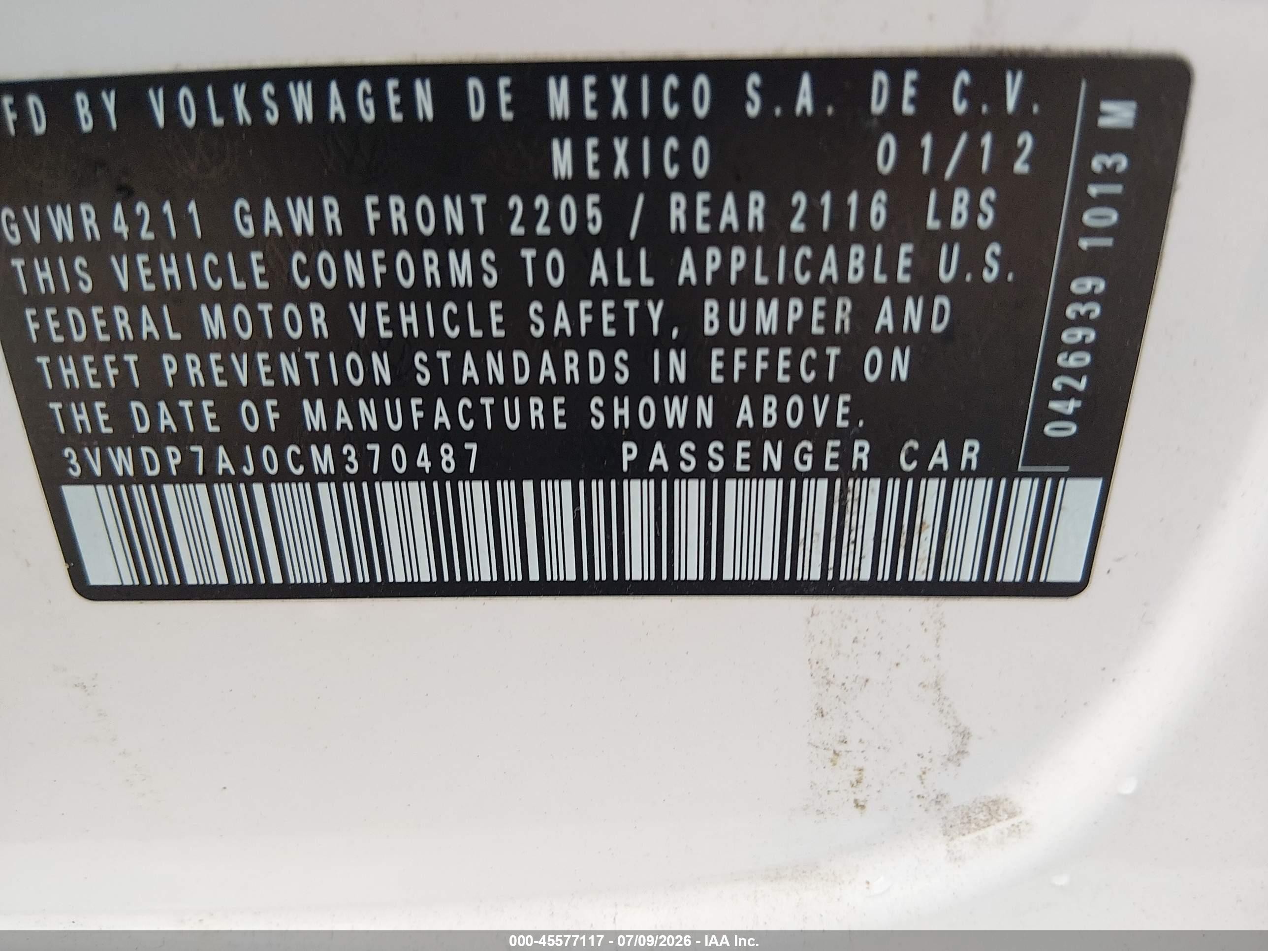 2012 Volkswagen Jetta 2.5l Se White vin: 3VWDP7AJ0CM370487