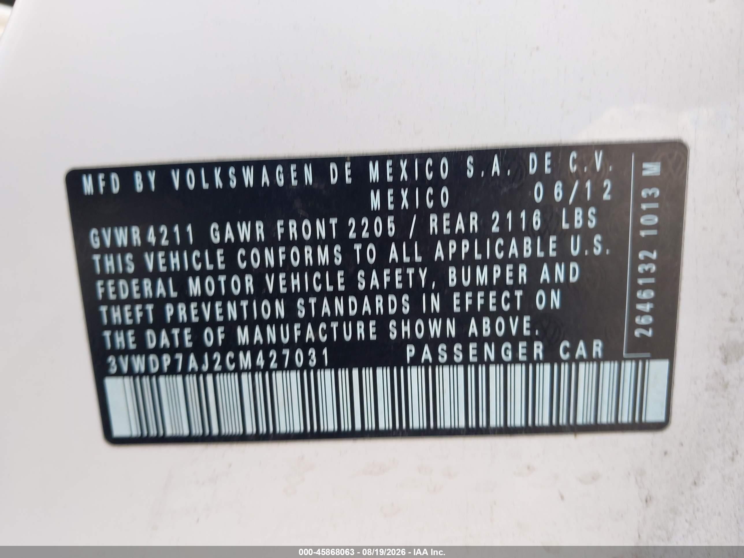 2012 Volkswagen Jetta 2.5l Se White vin: 3VWDP7AJ2CM427031