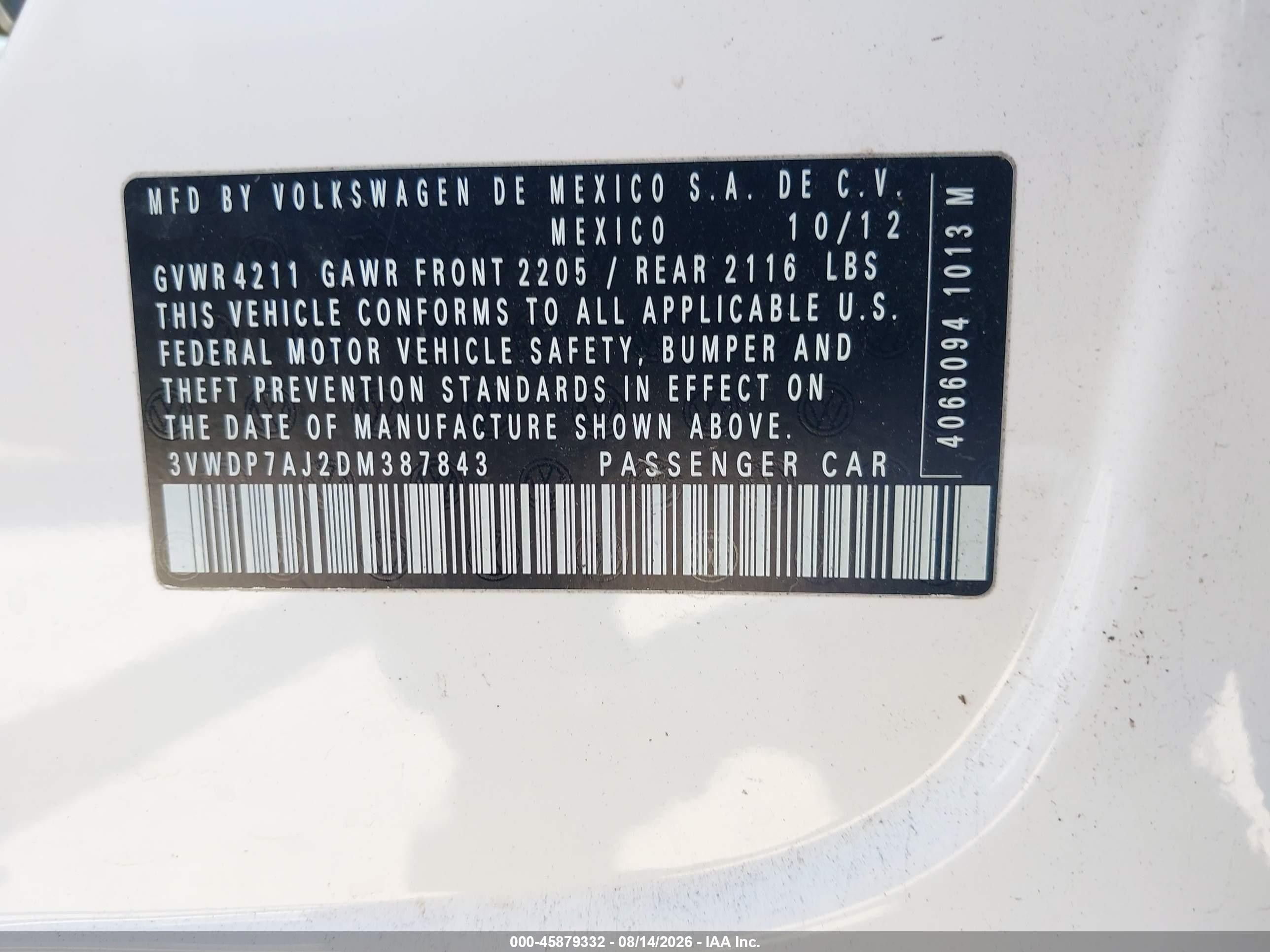 2013 Volkswagen Jetta 2.5l Se White vin: 3VWDP7AJ2DM387843