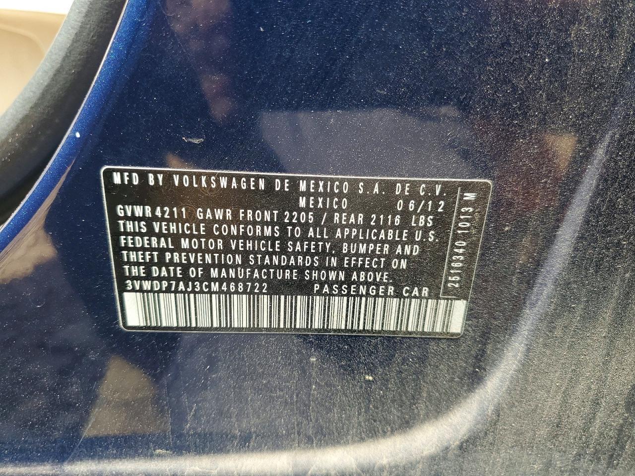 2012 Volkswagen Jetta Blue vin: 3VWDP7AJ3CM468722