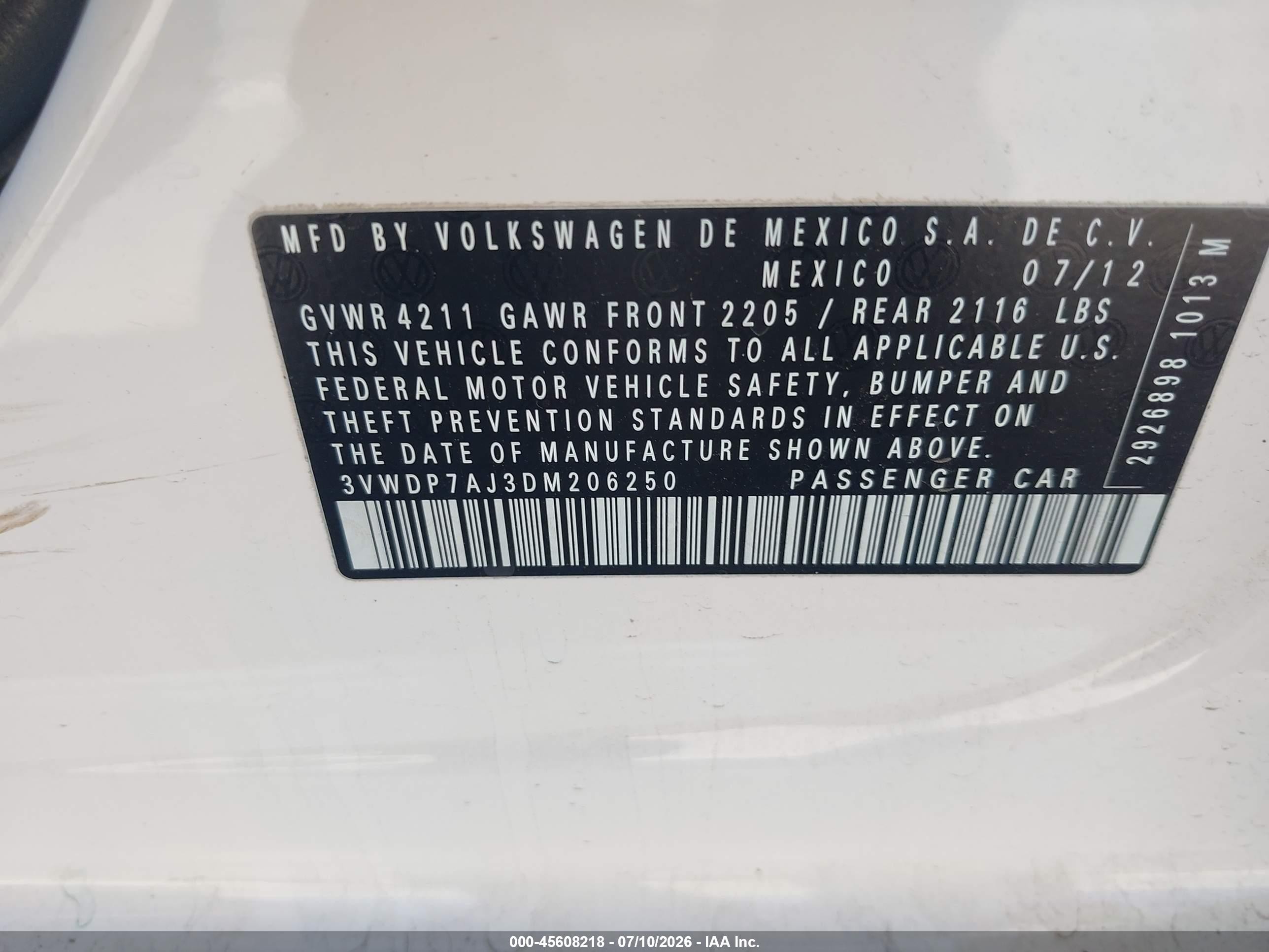 2013 Volkswagen Jetta 2.5l Se White vin: 3VWDP7AJ3DM206250