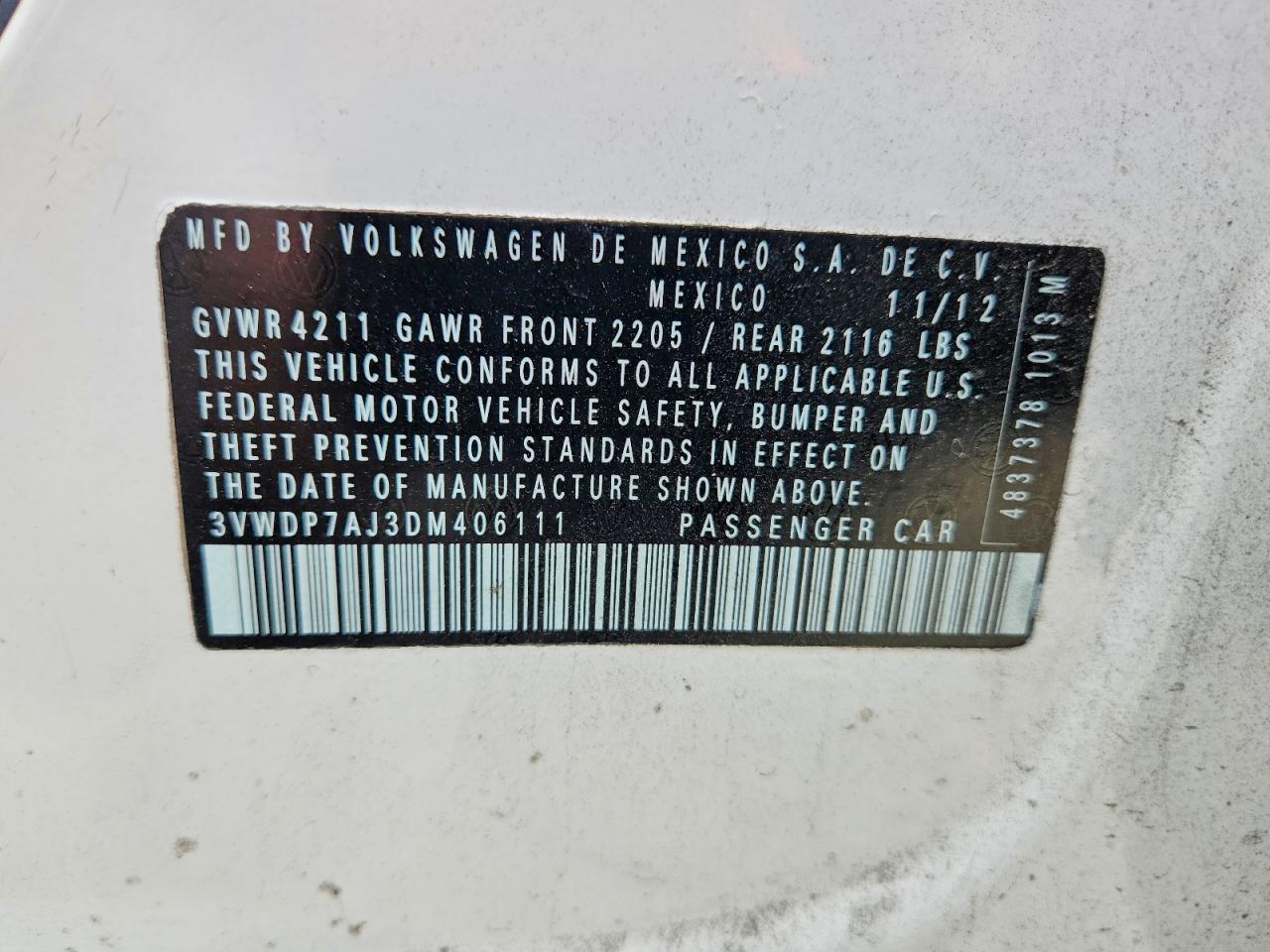 2013 Volkswagen Jetta Se White vin: 3VWDP7AJ3DM406111