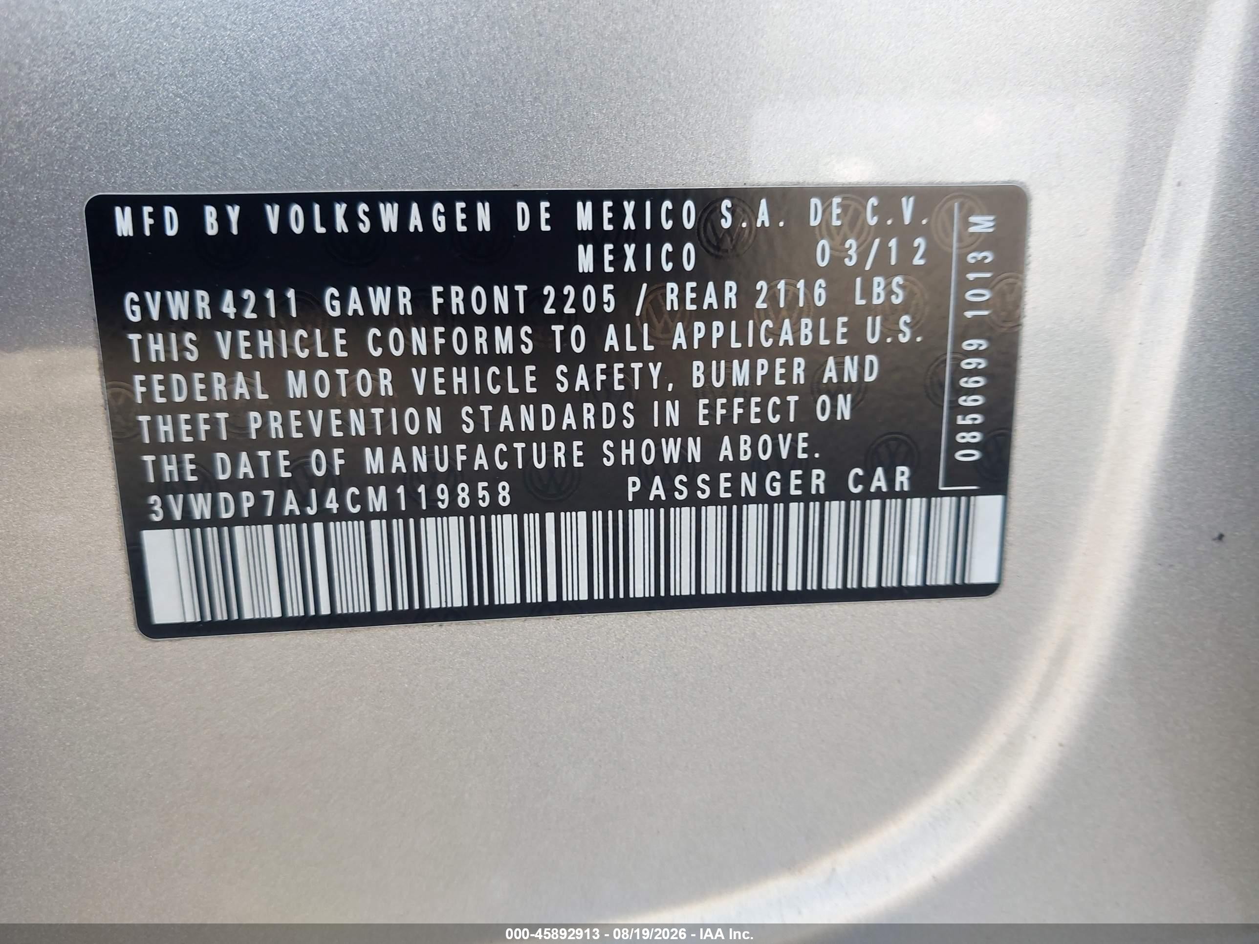 2012 Volkswagen Jetta 2.5l Se Tan vin: 3VWDP7AJ4CM119858