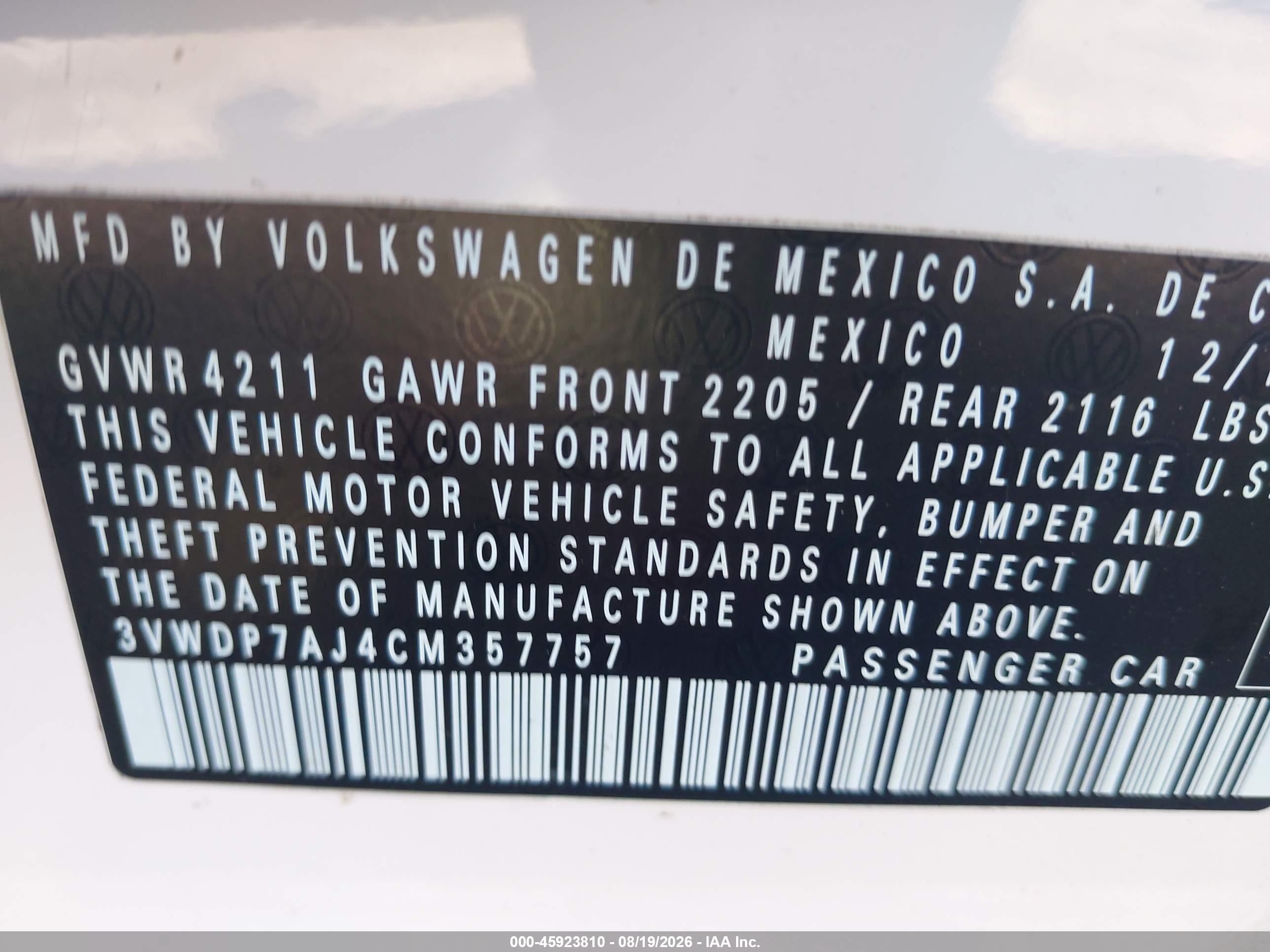 2012 Volkswagen Jetta 2.5l Se White vin: 3VWDP7AJ4CM357757