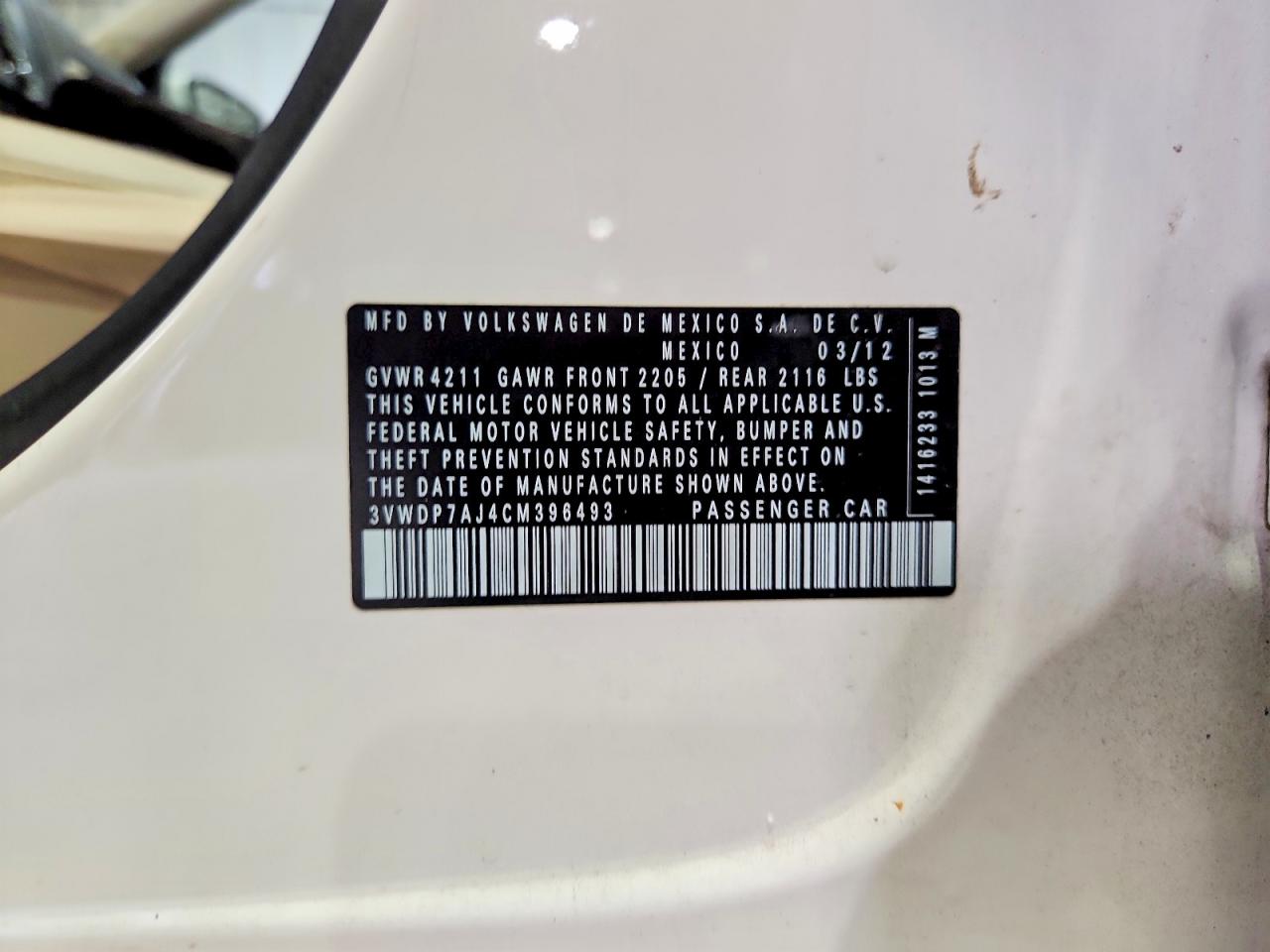 2012 Volkswagen Jetta Se White vin: 3VWDP7AJ4CM396493