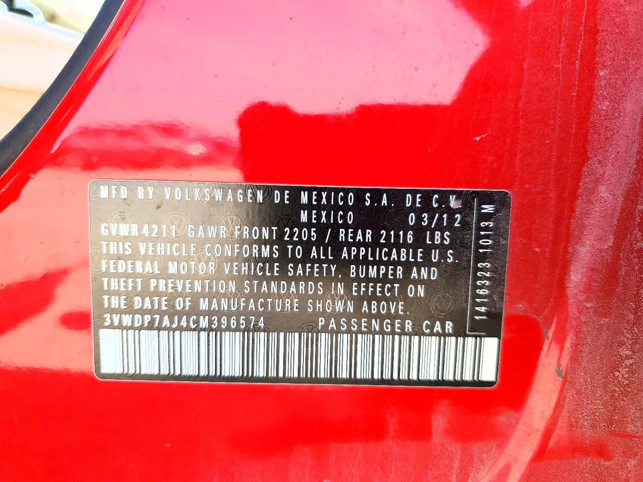 2012 Volkswagen Jetta Se Red vin: 3VWDP7AJ4CM396574