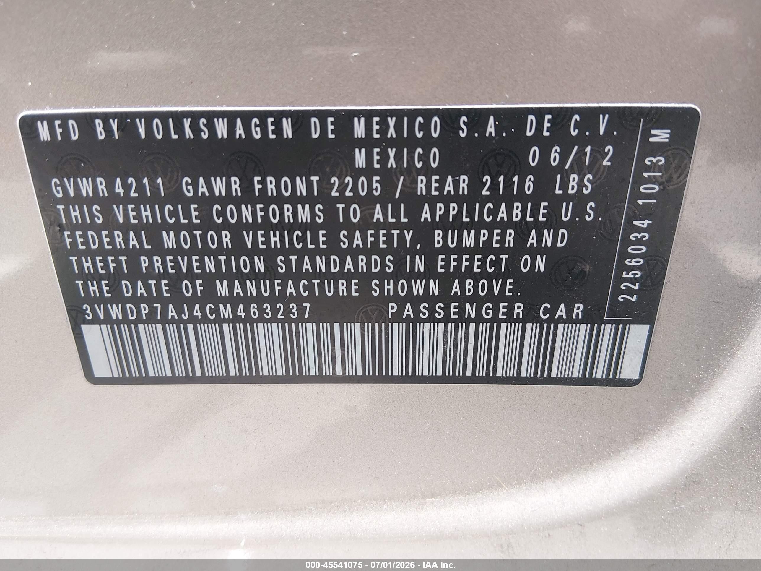 2012 Volkswagen Jetta 2.5l Se Gold vin: 3VWDP7AJ4CM463237